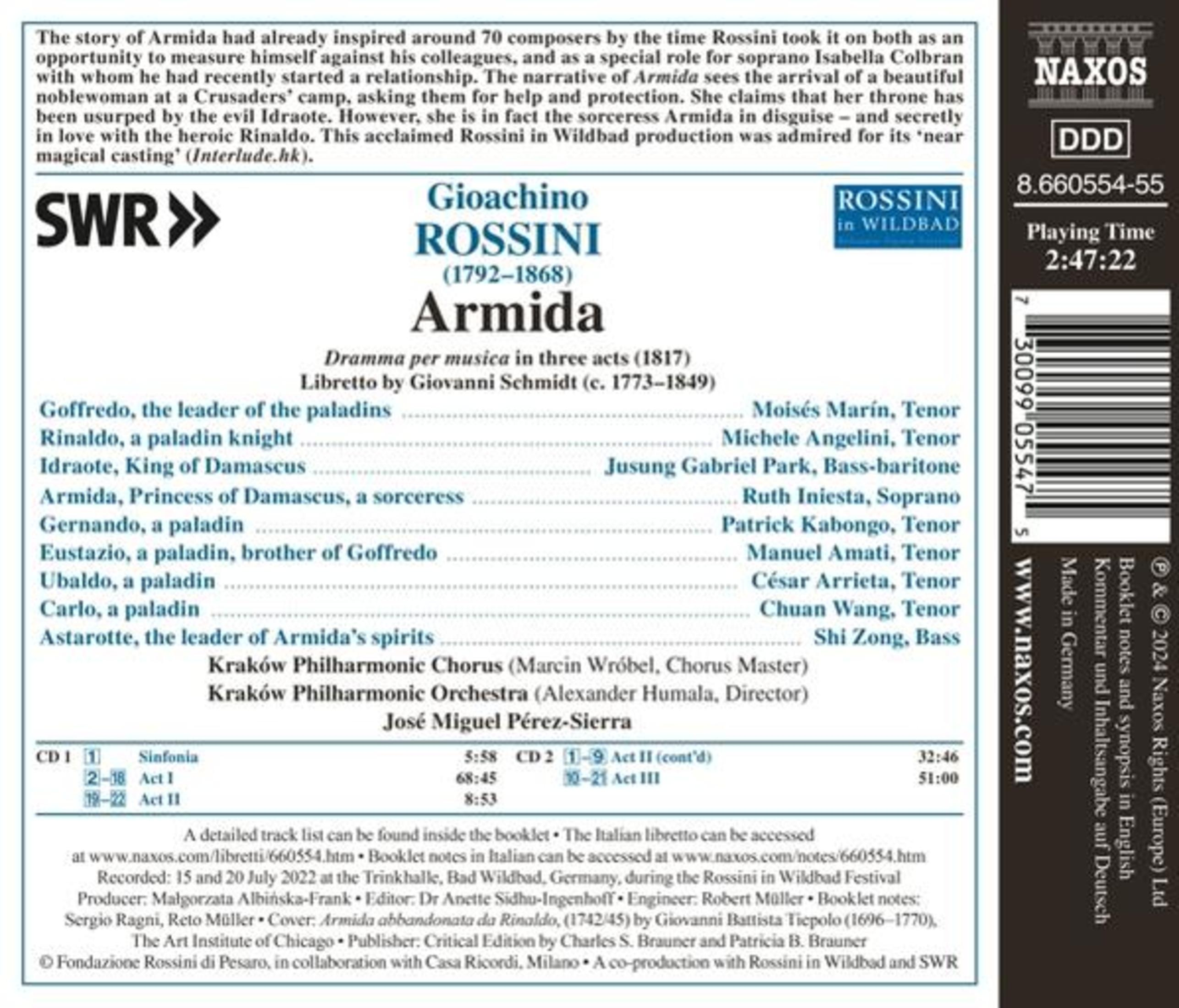 Dos d'un boîtier de CD avec texte sur Gioachino Rossini. Texte : Armida.