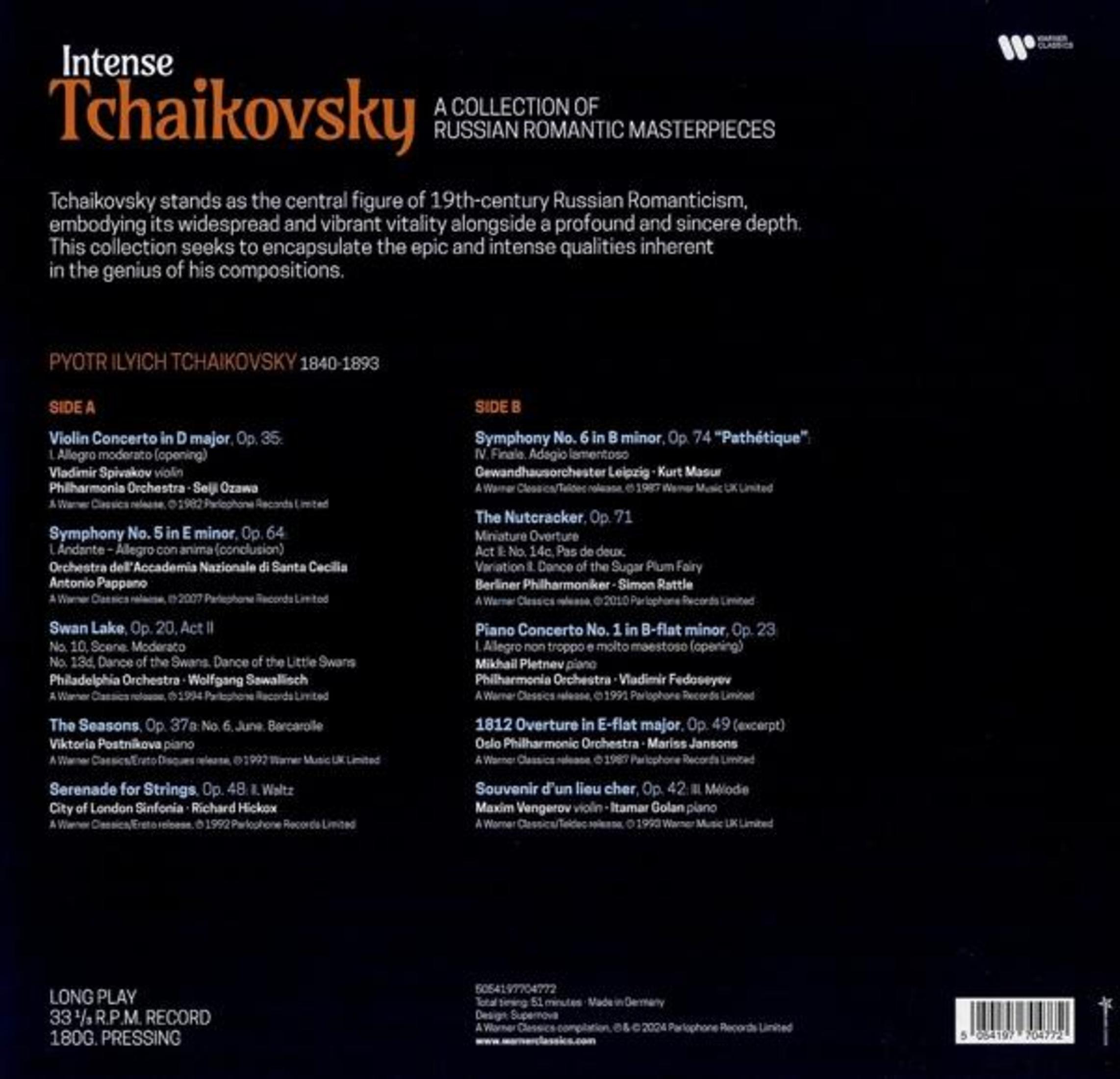 Copertina dell'album con testo su Tchaikovsky e un elenco delle sue composizioni.