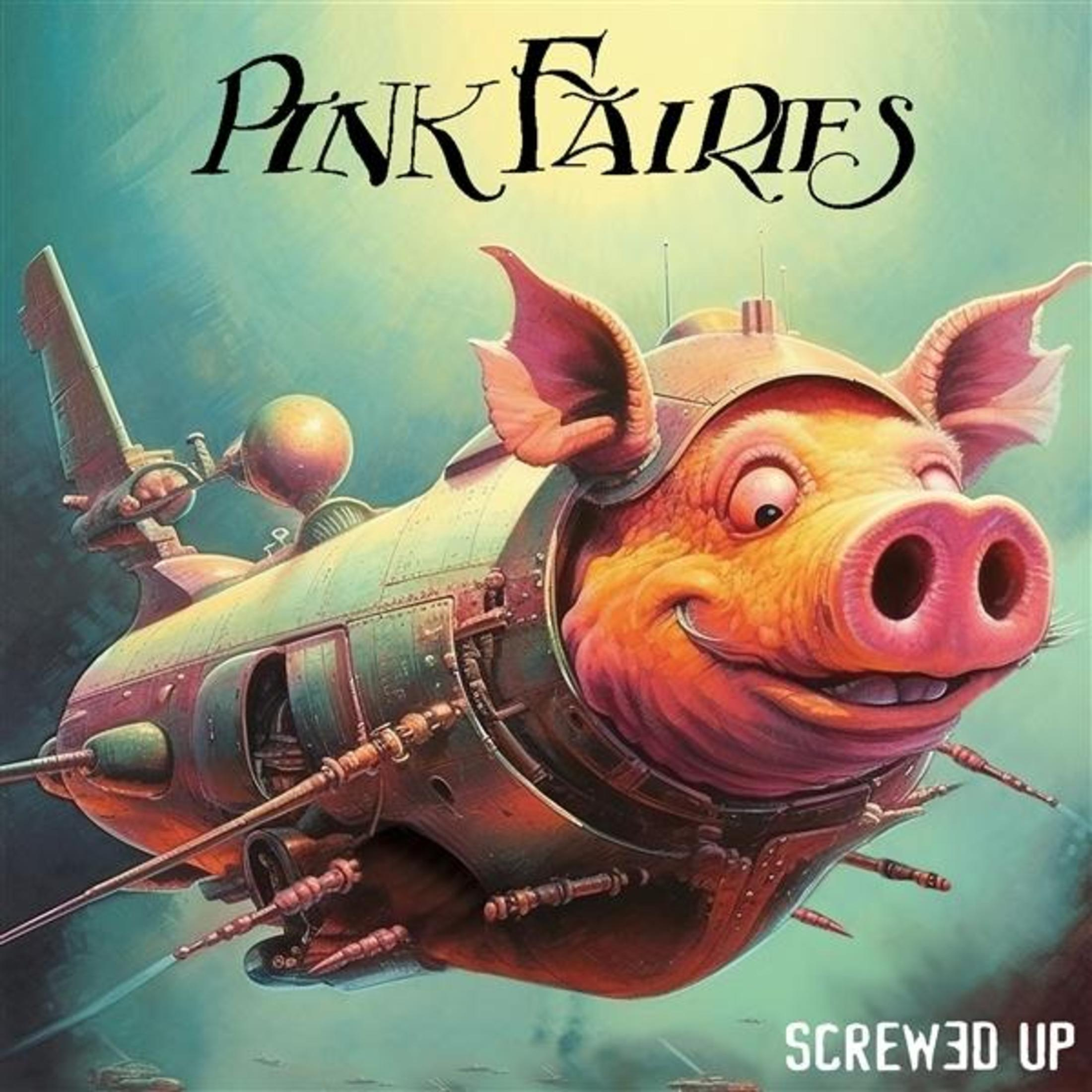 Pochette d'album : cochon dans un vaisseau spatial, style rétro.