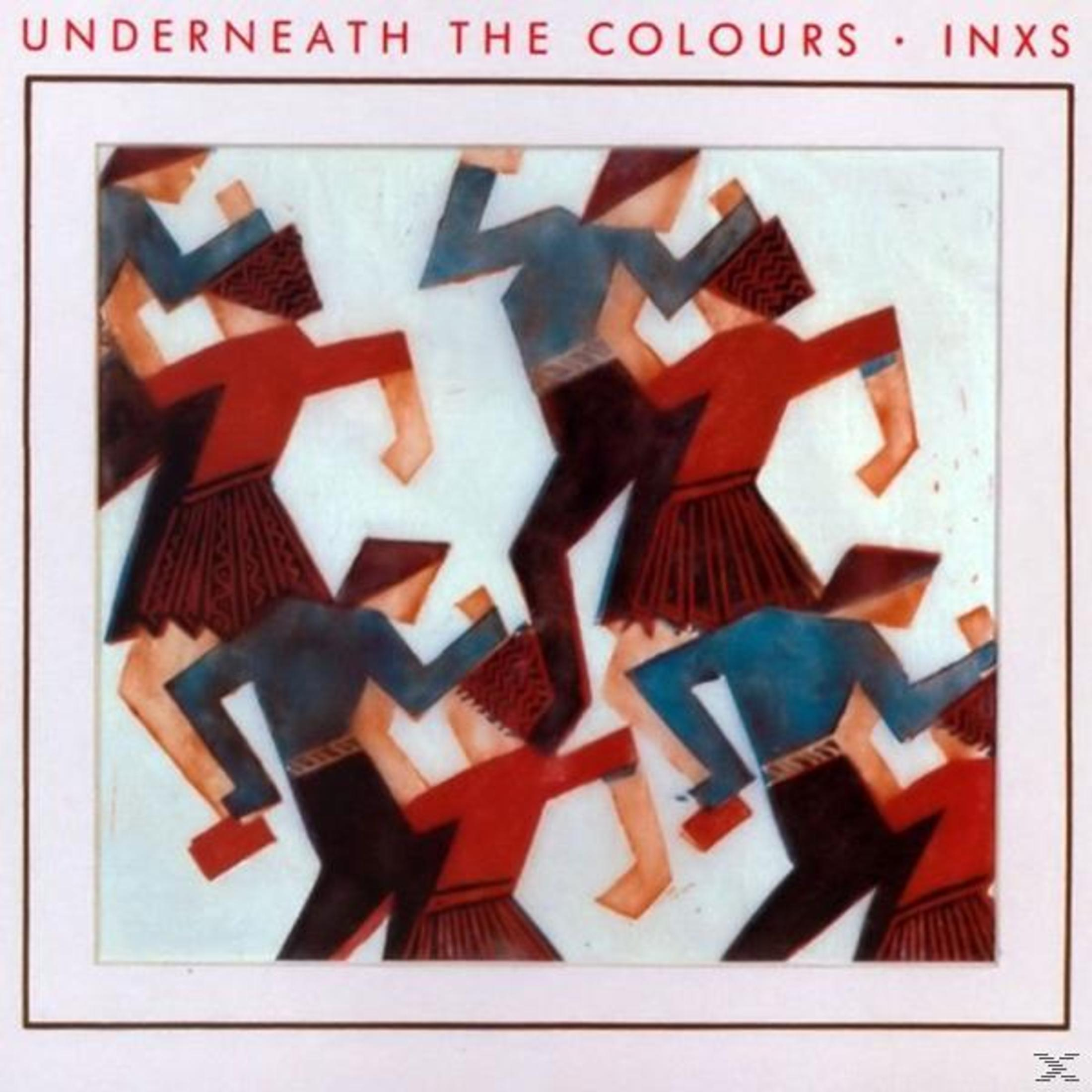 Pochette d'album avec des figures abstraites en rouge, bleu et noir, intitulée 'Underneath The Colours'.
