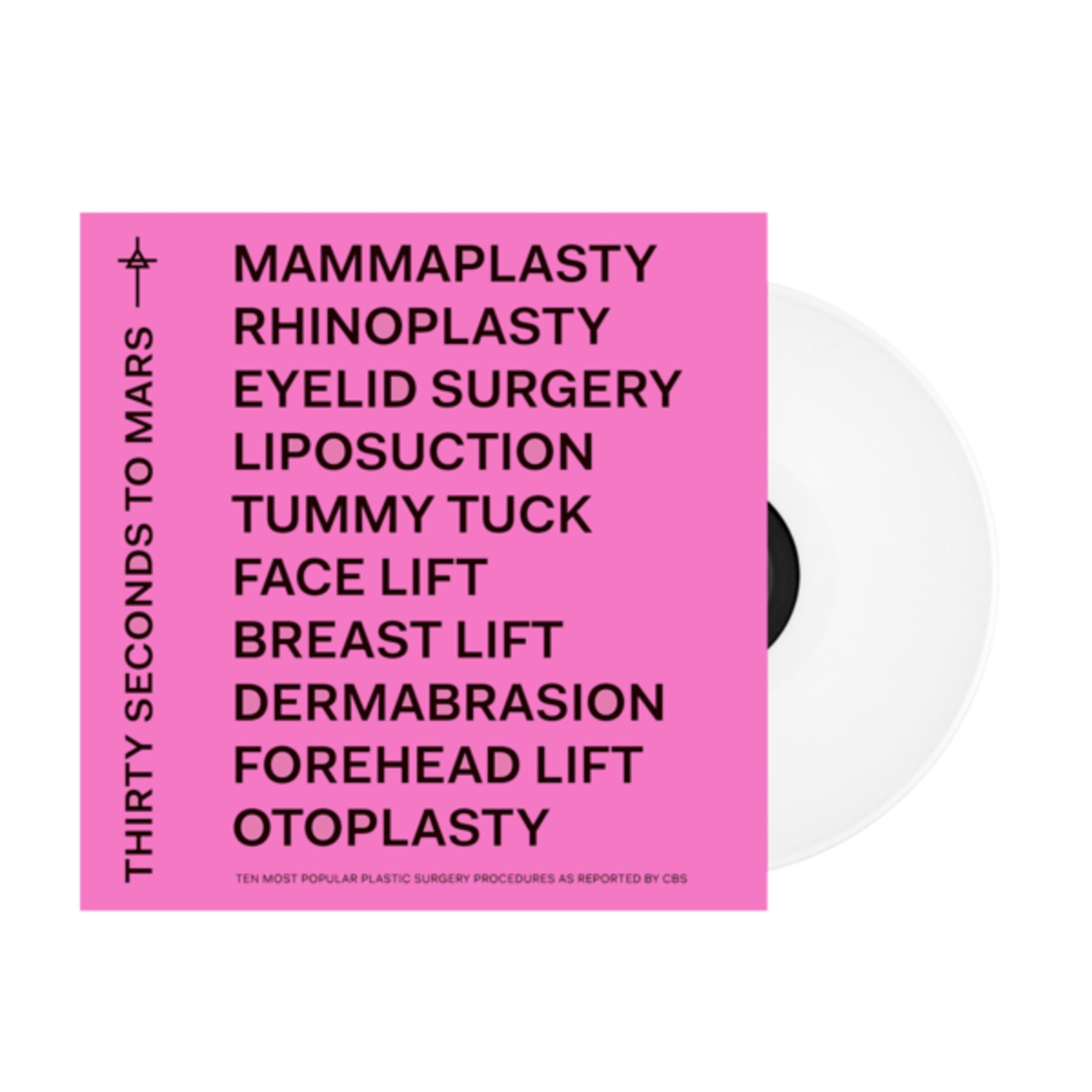 Pochette d'album avec une liste d'interventions de chirurgie plastique sur fond rose.