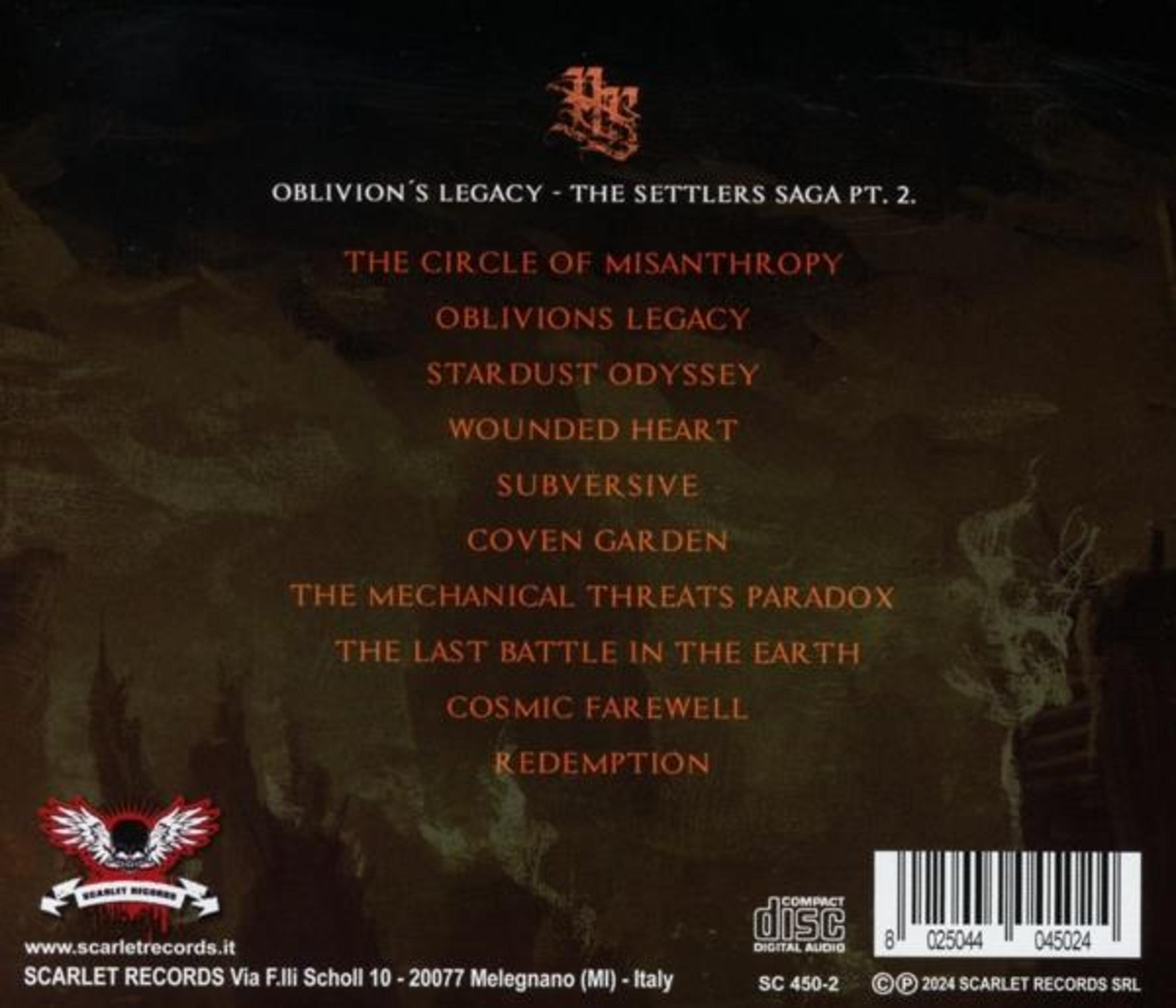 Retro copertina dell'album con tracklist di 'Oblivion's Legacy' di Scarlet Records. Include titoli come 'Misantropia' e 'Redemption'.