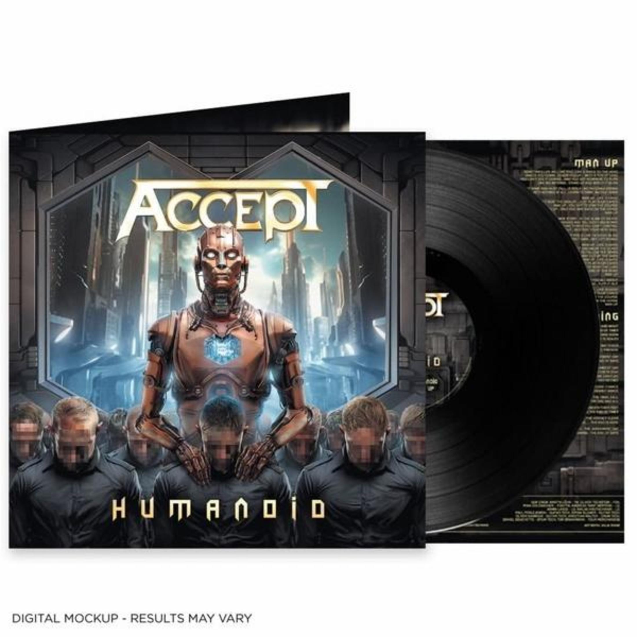 La copertina dell'album mostra un robot con un volto metallico e un gruppo di persone, più un disco in vinile nero. Il titolo è "Humanoid".