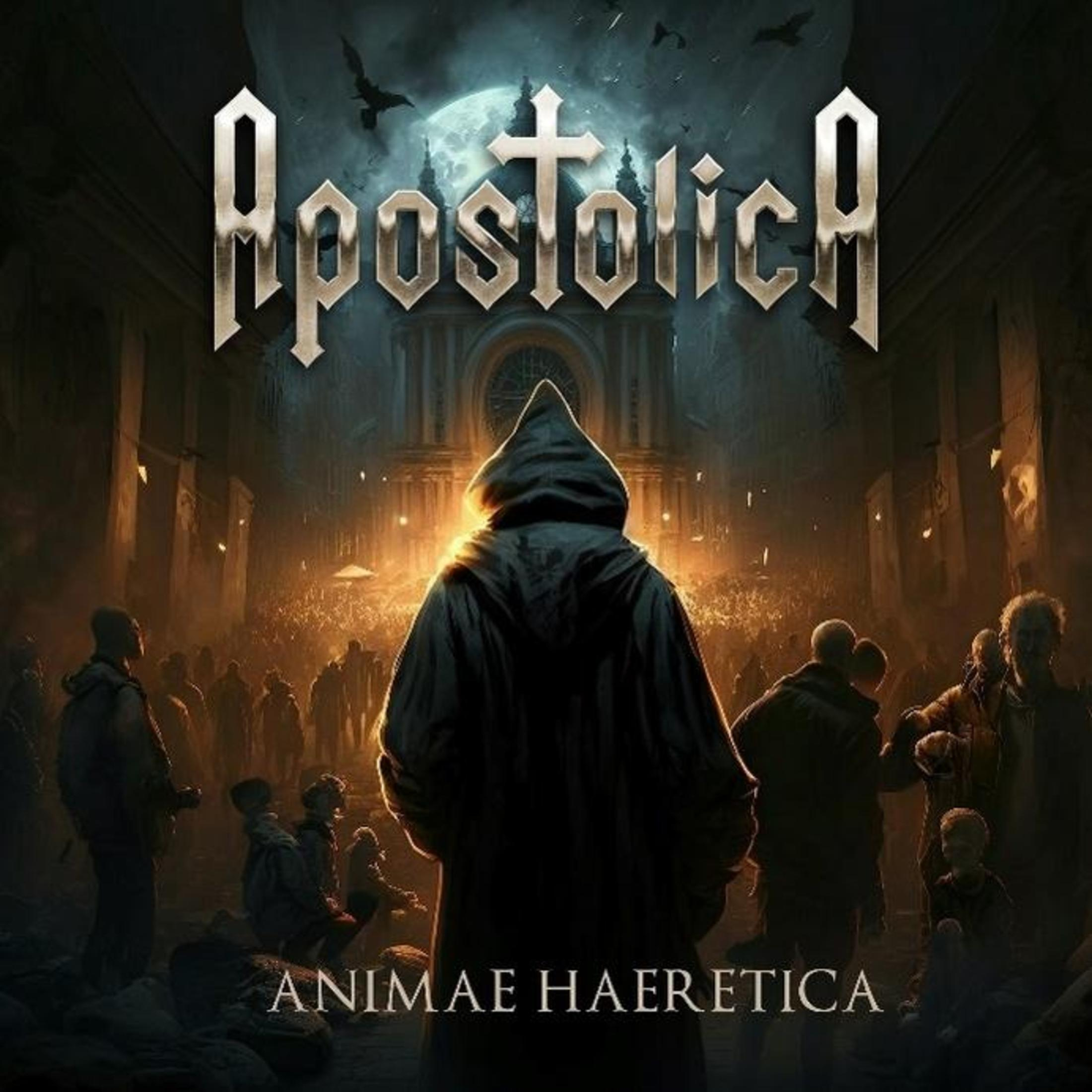 Copertina dell'album, figura incappucciata, folla, edificio gotico, atmosfera oscura e pipistrelli. Testo argentato.