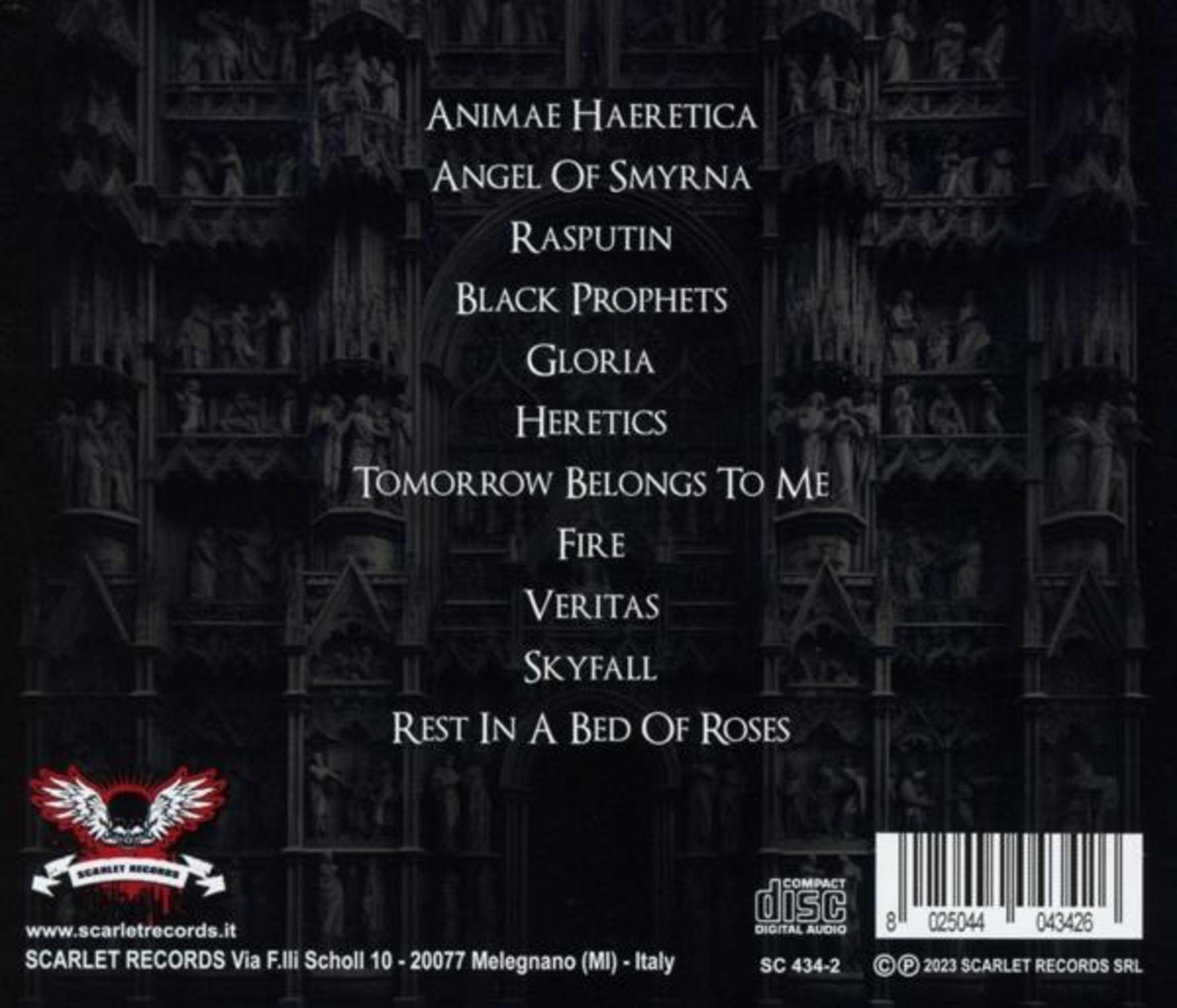 Copertina dell'album. Edificio gotico scuro con testo: lista tracce dell'album, dettagli artista, logo e 'Scarlet Records'.