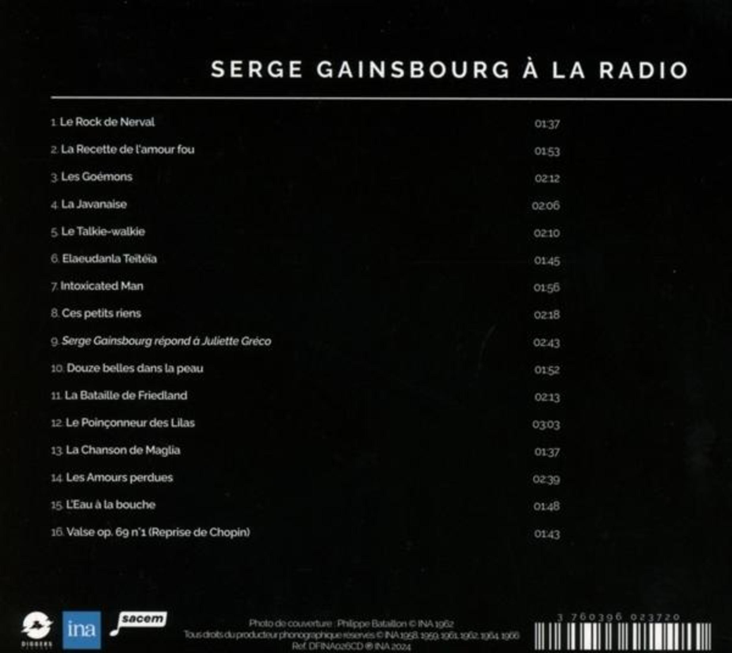 Retro copertina dell'album: Serge Gainsbourg à La Radio, una tracklist, crediti e i loghi INA e Sacem.