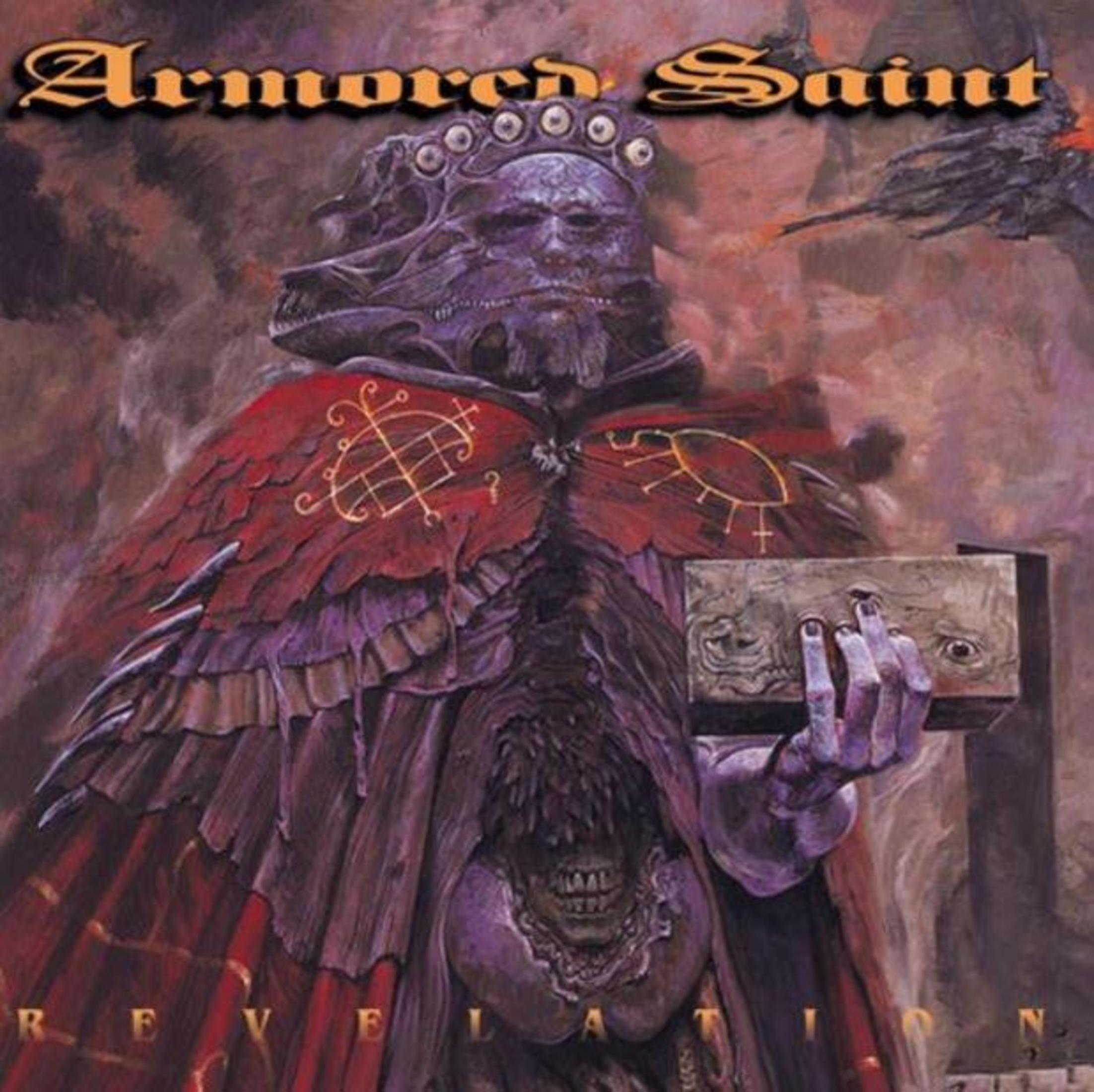 Copertina dell'album: Armored Saint con una figura incoronata che tiene un libro, titolo 'Revelation'.