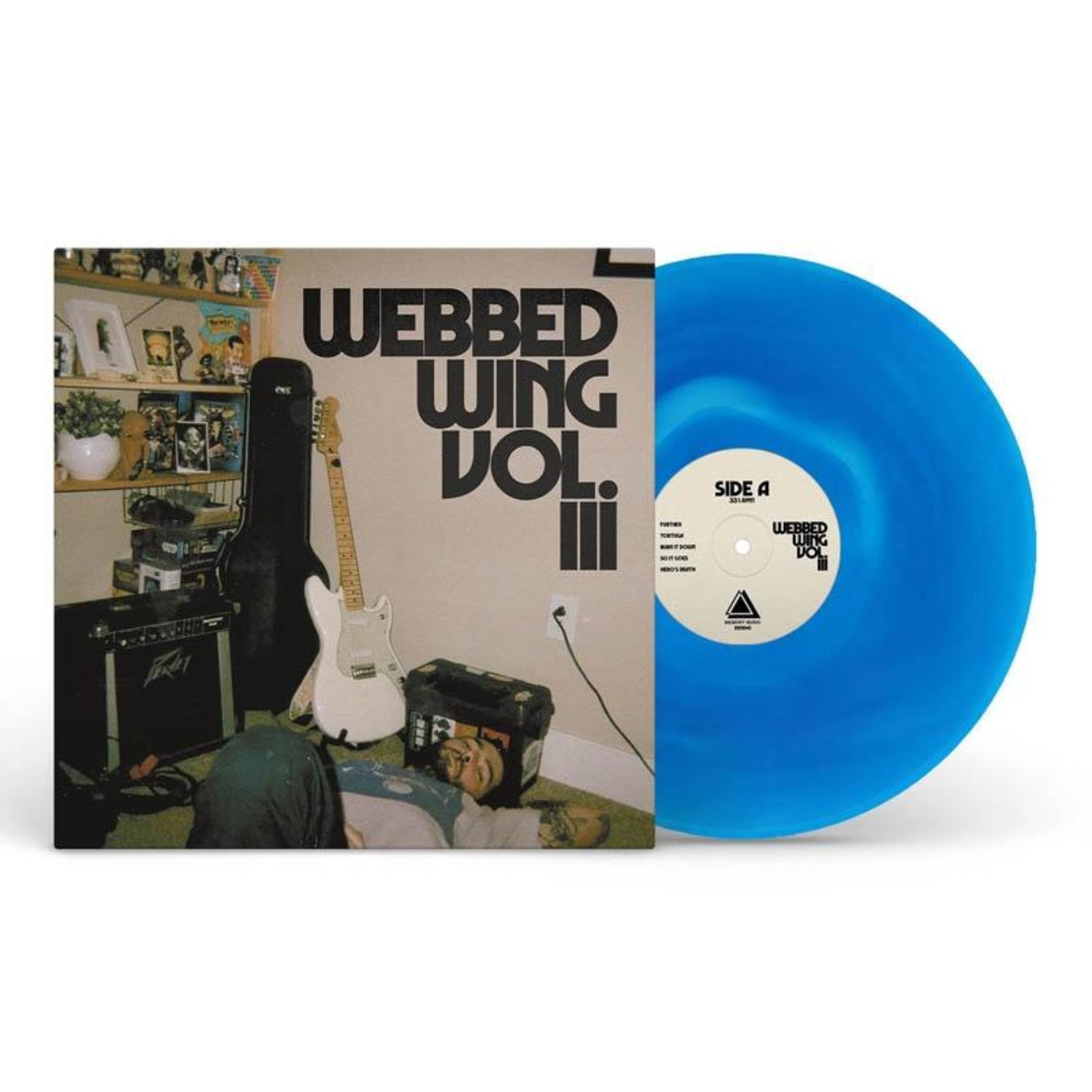 Album cover: Blue vinyl record, album cover with text, guitar and speaker, and a white background.