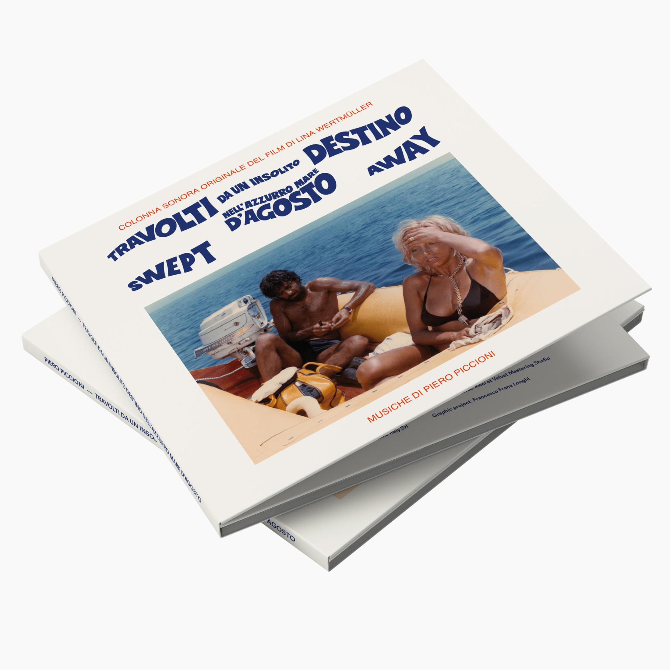 Portada del álbum que muestra a una pareja en un barco con texto. El álbum se titula "Destino Away".