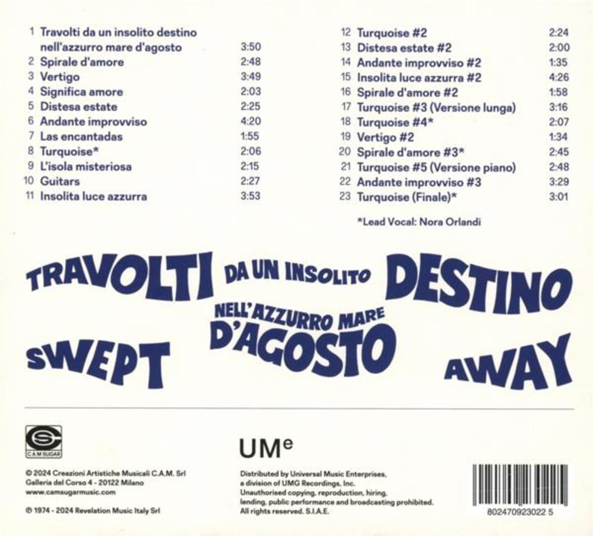Portada del álbum: lista de canciones, texto negro 'Travolti Da Un Insolito Destino', 'Swept Away' e información de derechos.
