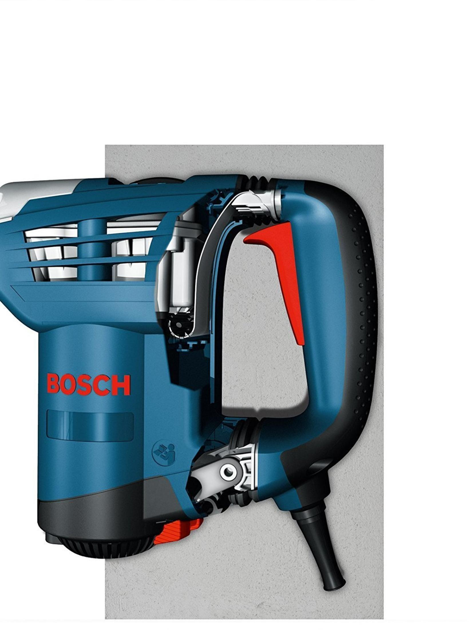 Coupe transversale d'un marteau perforateur Bosch bleu et noir.