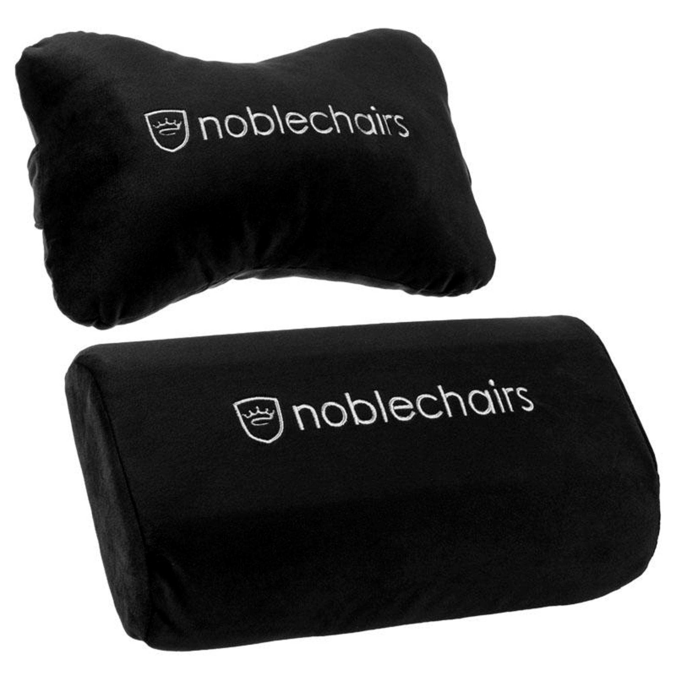 Schwarze Noblechairs-Kissen. Ein Kopfkissen und ein Lendenkissen mit dem Logo darauf.
