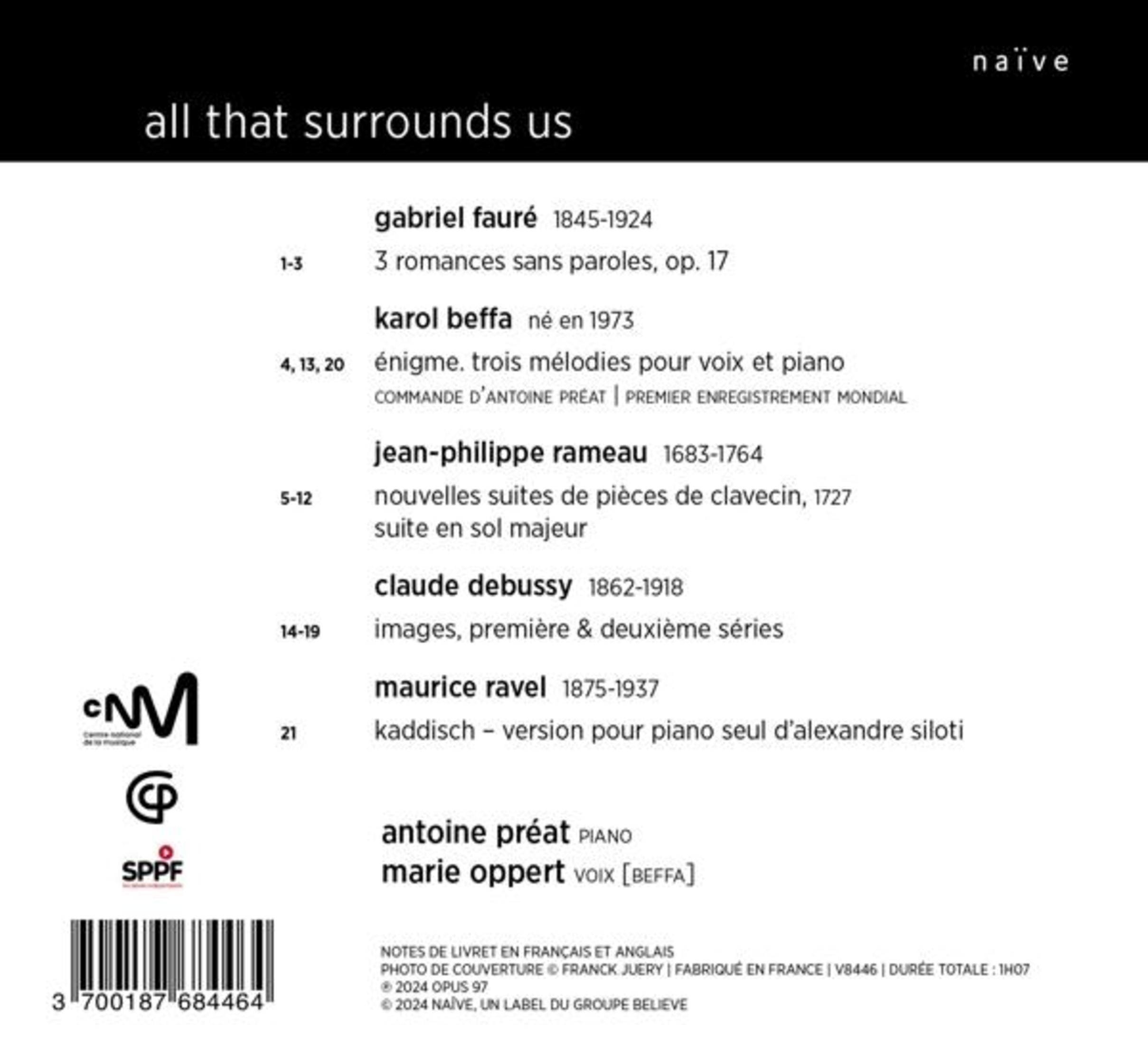 Copertina dell'album con testo che elenca brani musicali e compositori. Bianco e nero, con codice a barre.