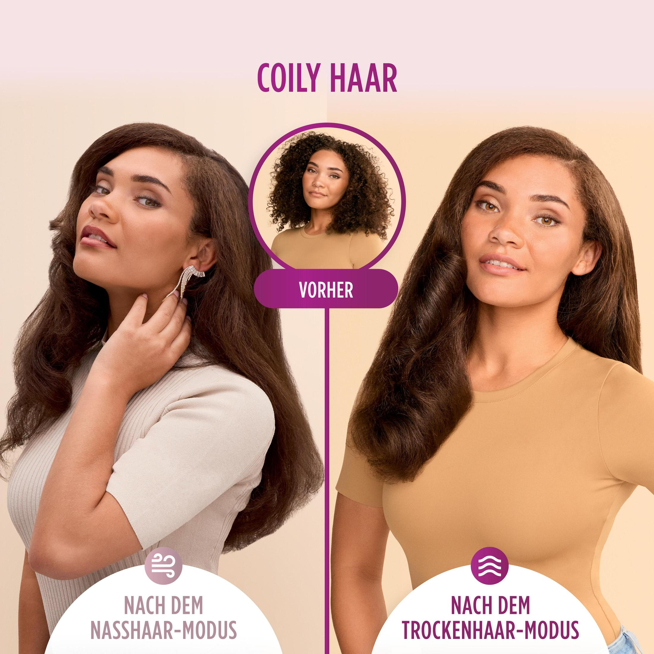 Kobieta z długimi włosami pokazuje transformację z kręconych na proste z obrazami przed i po.