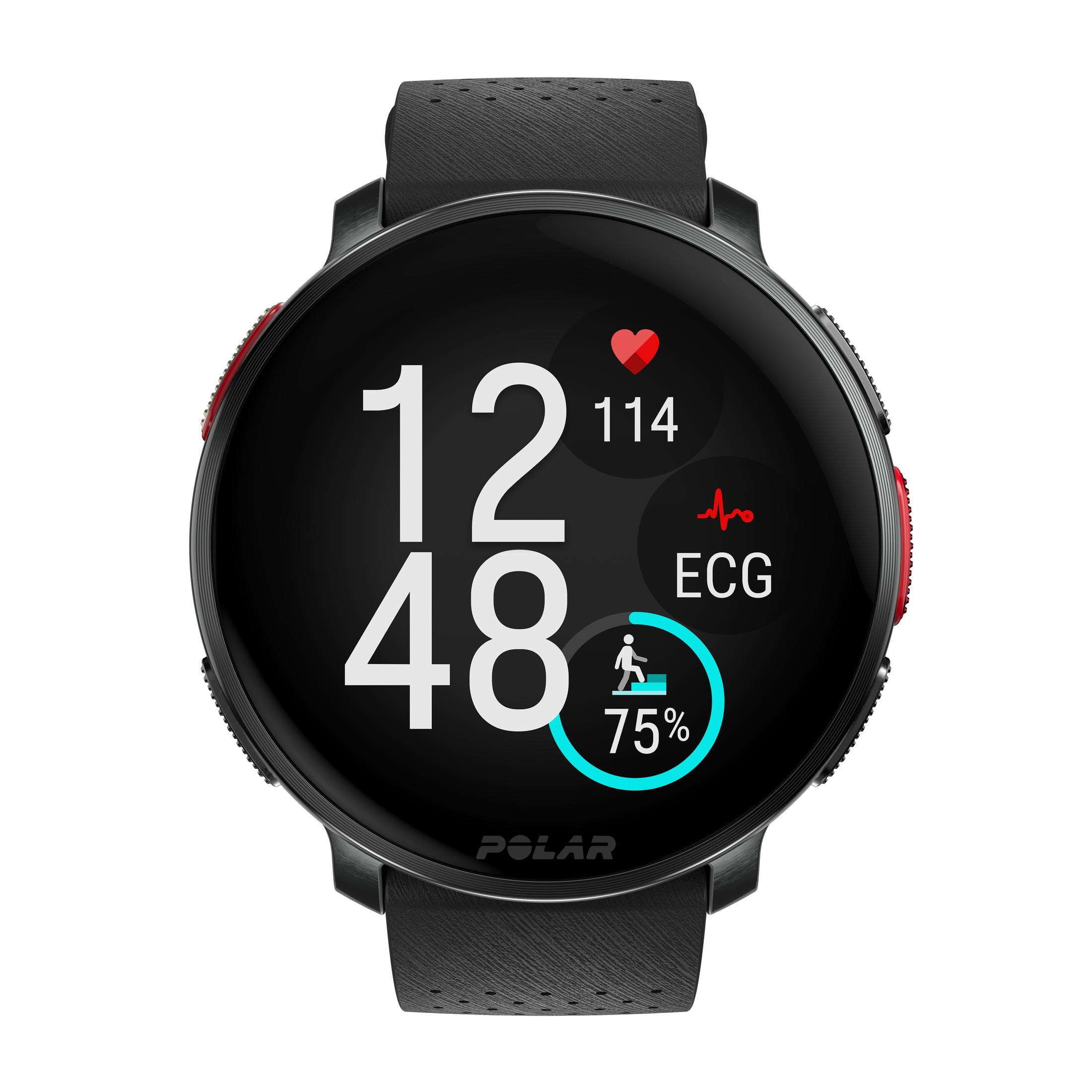 Smartwatch nero con display che mostra ora, frequenza cardiaca e ECG.