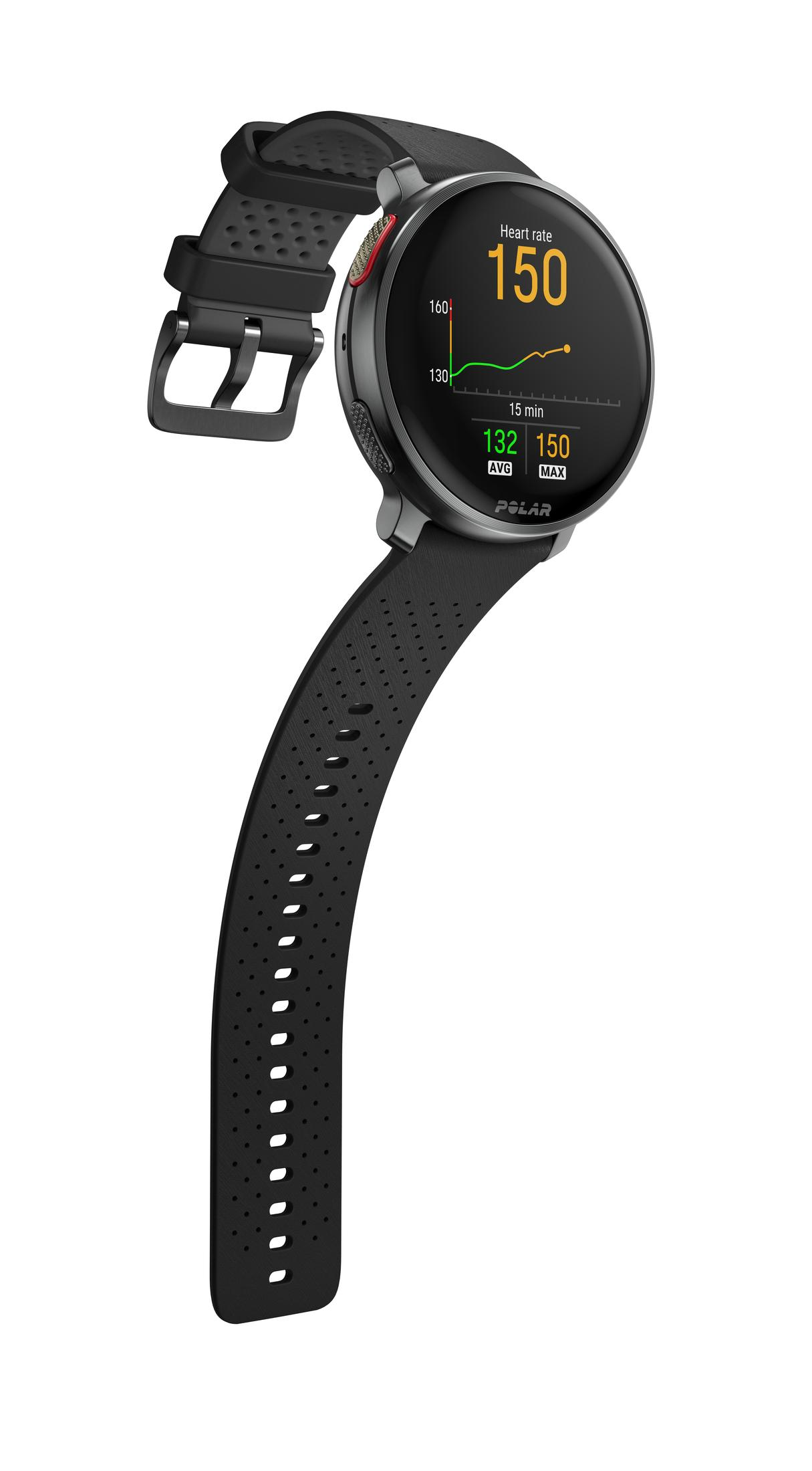 Smartwatch nero e grigio che mostra la frequenza cardiaca e 150 bpm. Cinturino nero. Sfondo bianco.