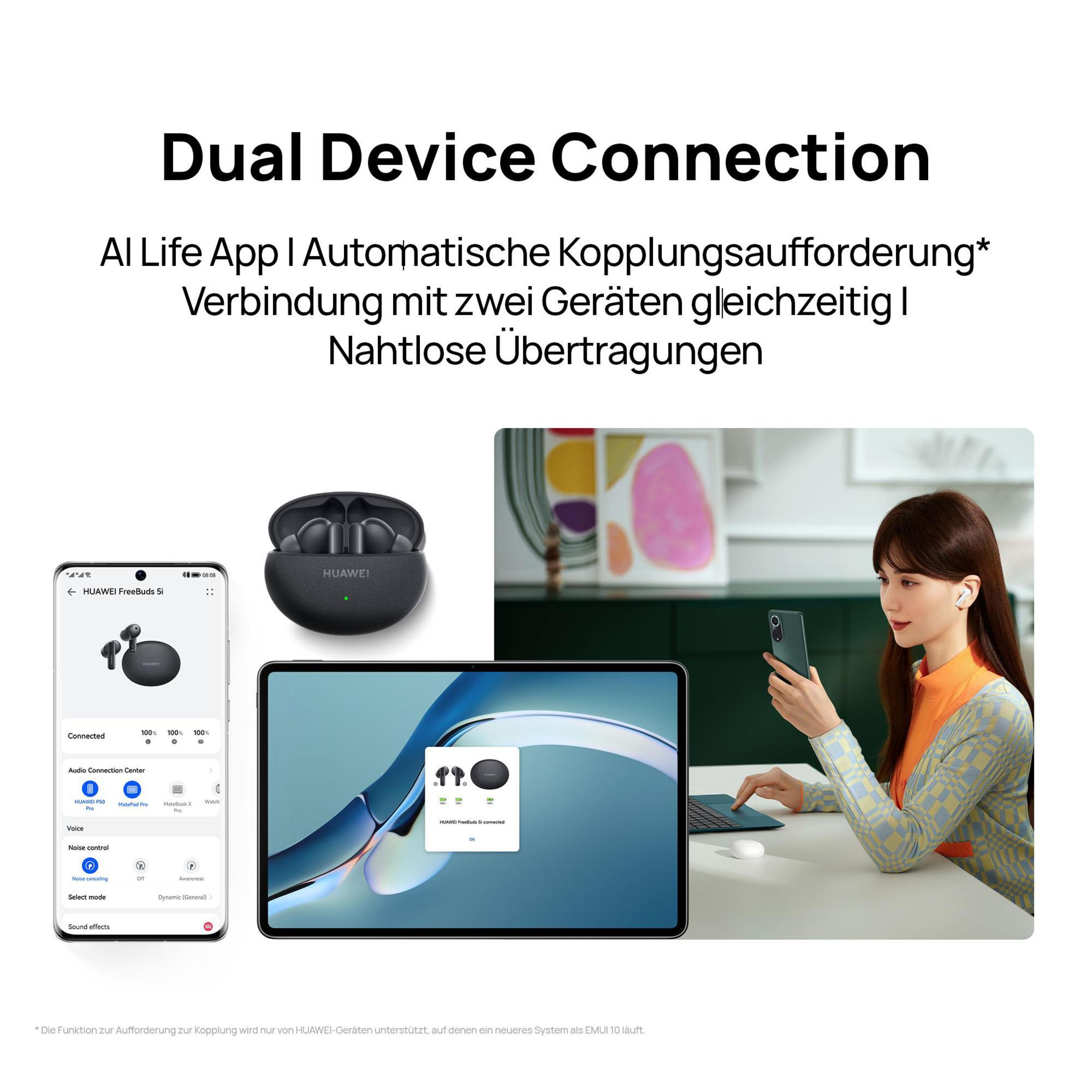 Donna che usa auricolari, collegata a telefono e tablet. Testo sulla connessione Dual Device.