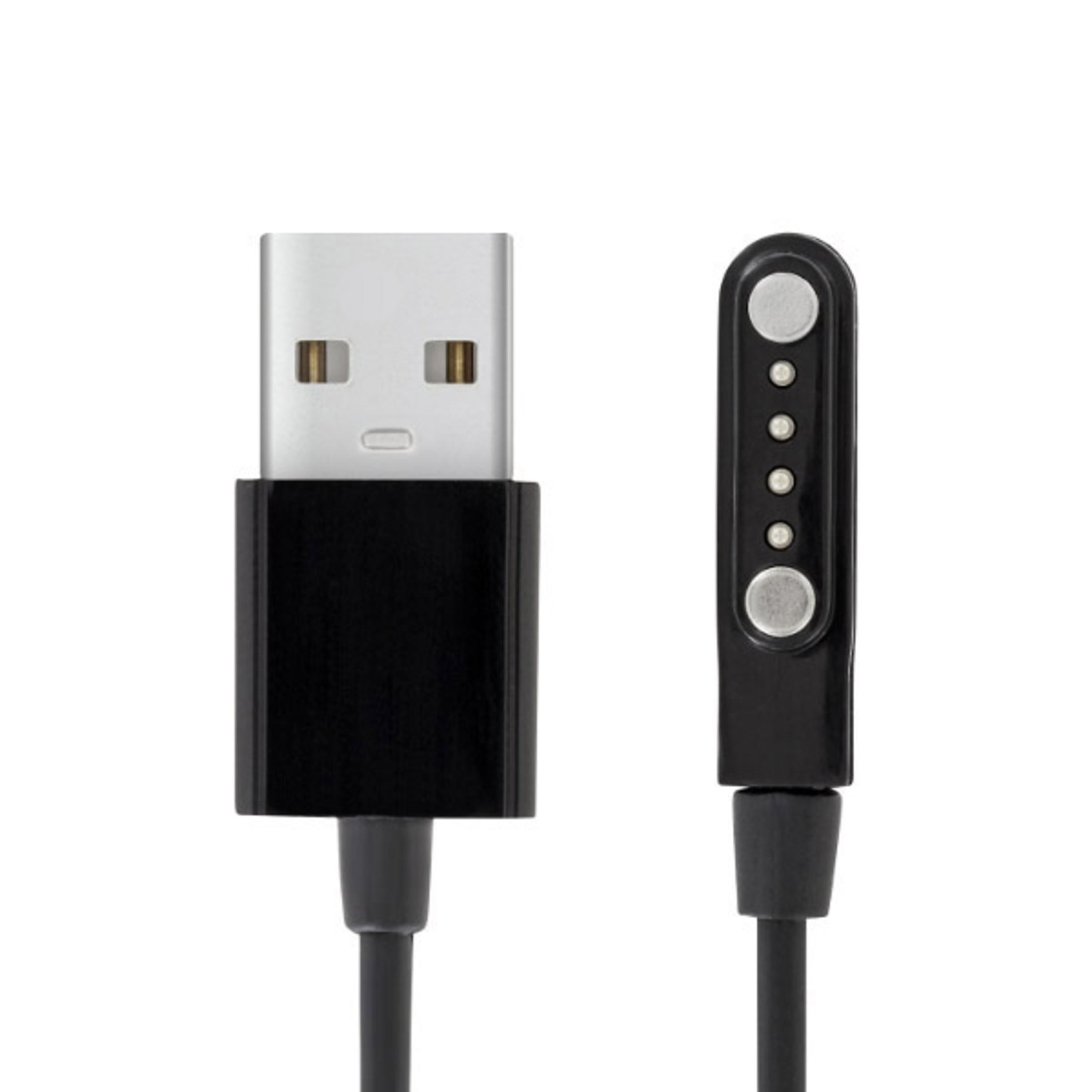 Schwarzes USB-zu-Magnetladerkabel, mit USB-A an einem Ende und Magnetstiften am anderen.