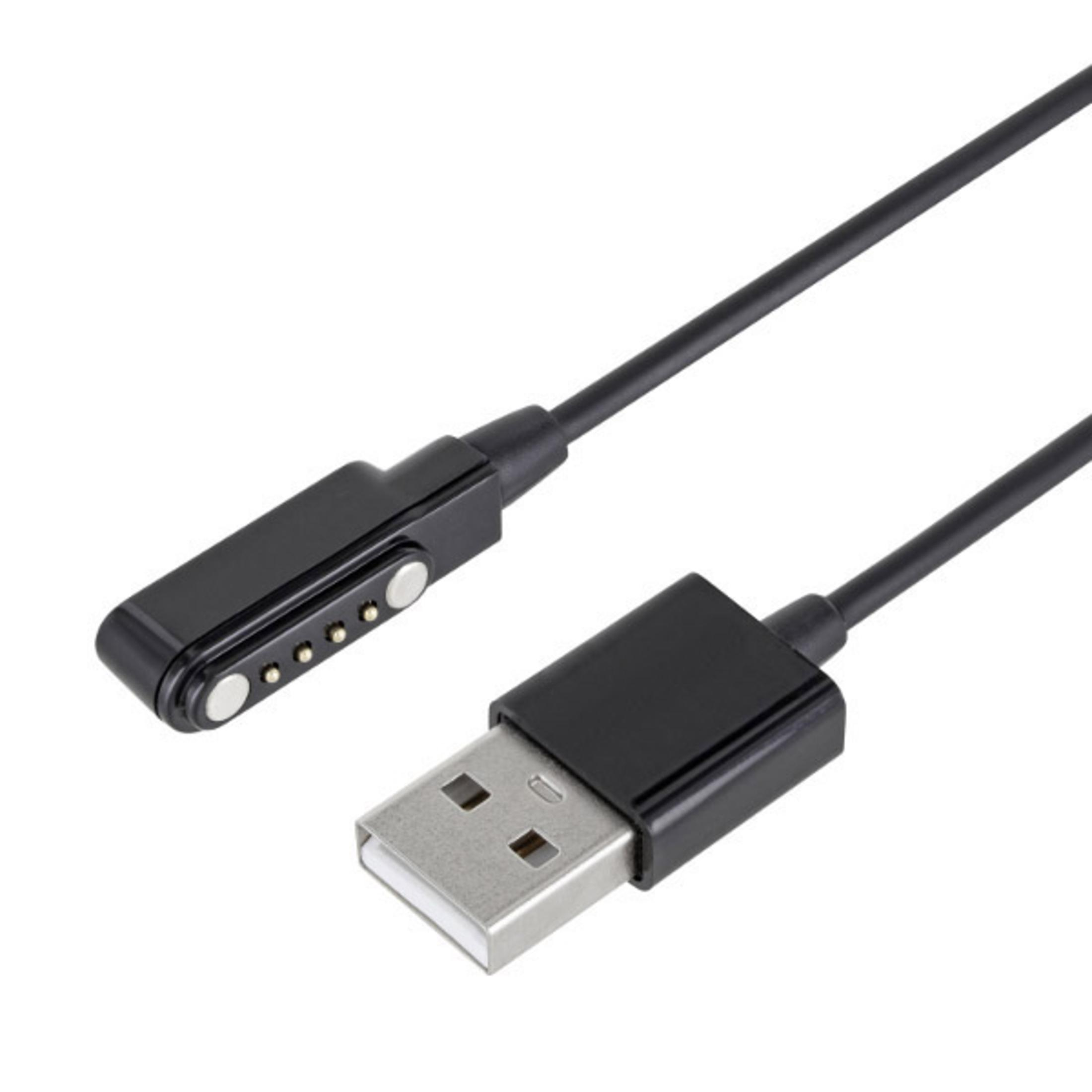 Ein schwarzes magnetisches Ladekabel mit USB-Anschluss und einem Ladekopf mit fünf Stiften.