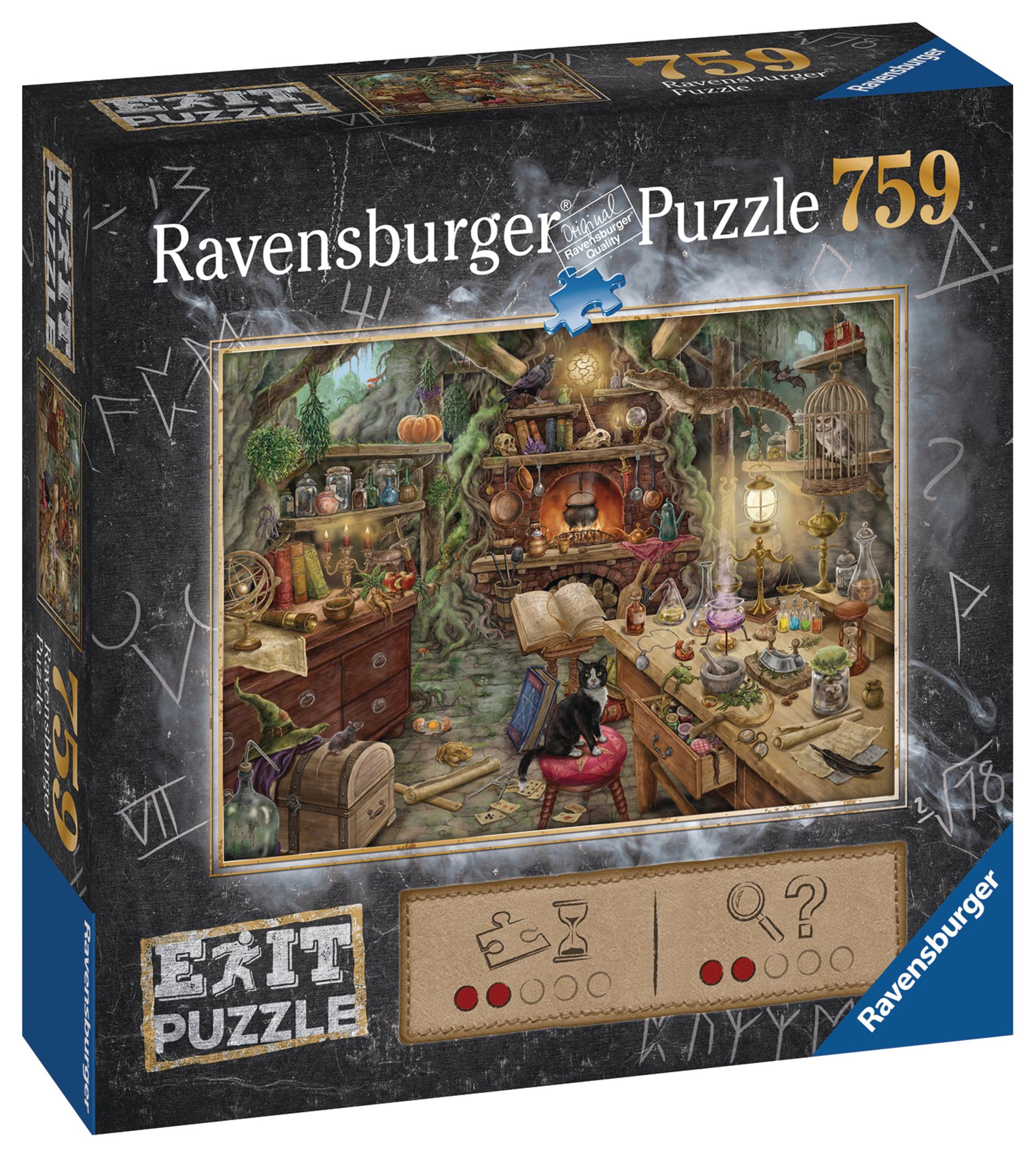 Pudełko z puzzlami ze szczegółową sceną fantasy. Scena przedstawia pokój czarodzieja.