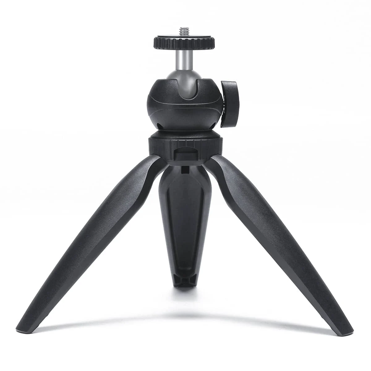 A small black tripod with three legs. It is on a white background, with no other context.