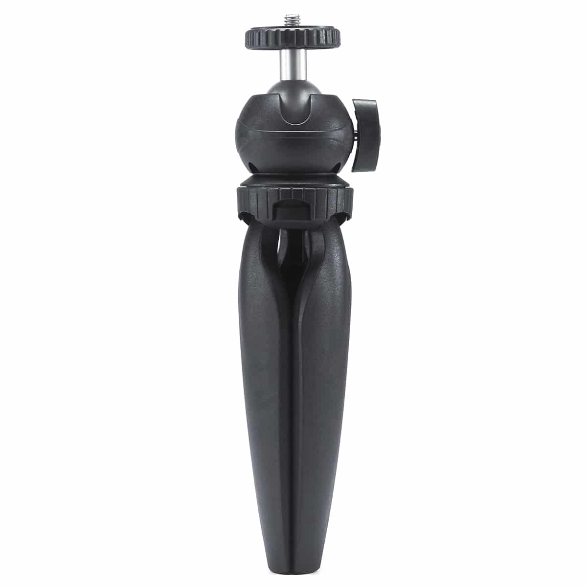 A small black tripod with three legs, a ball head and a screw on top. The background is white.
