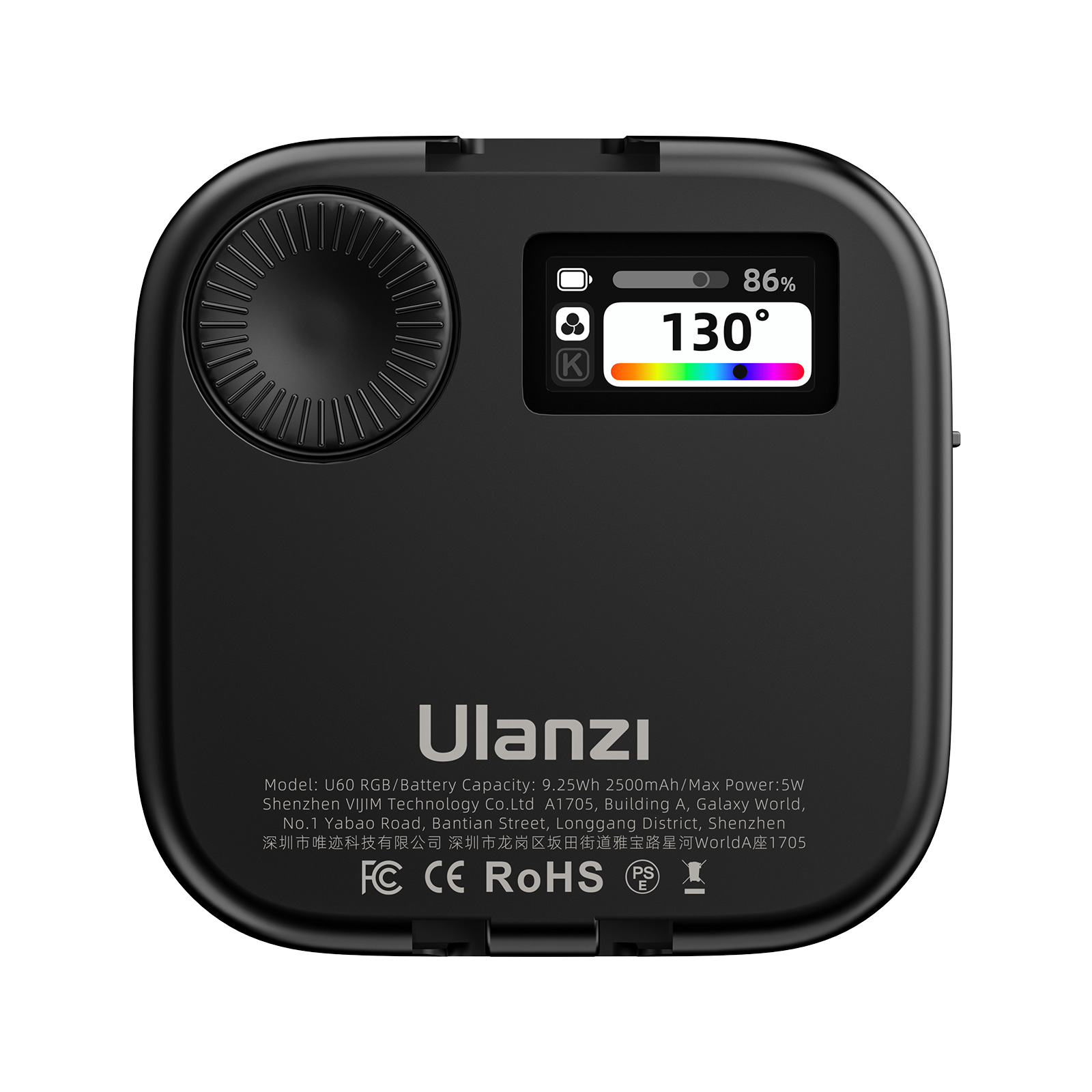 Czarna lampa wideo LED z wyświetlaczem pokazującym ustawienia, przyciski i pokrętło na czarnym tle.