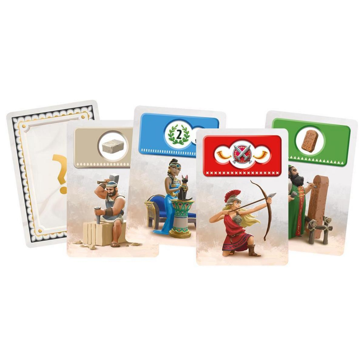 Juego de cartas con ilustraciones de figuras antiguas, incluida una arquera.