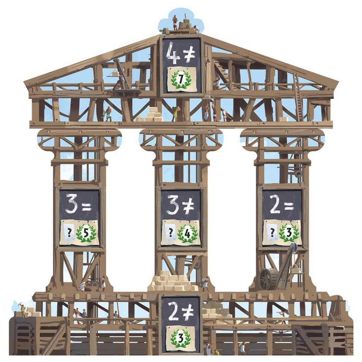Ilustración de estructura de madera en construcción con números en pizarras.