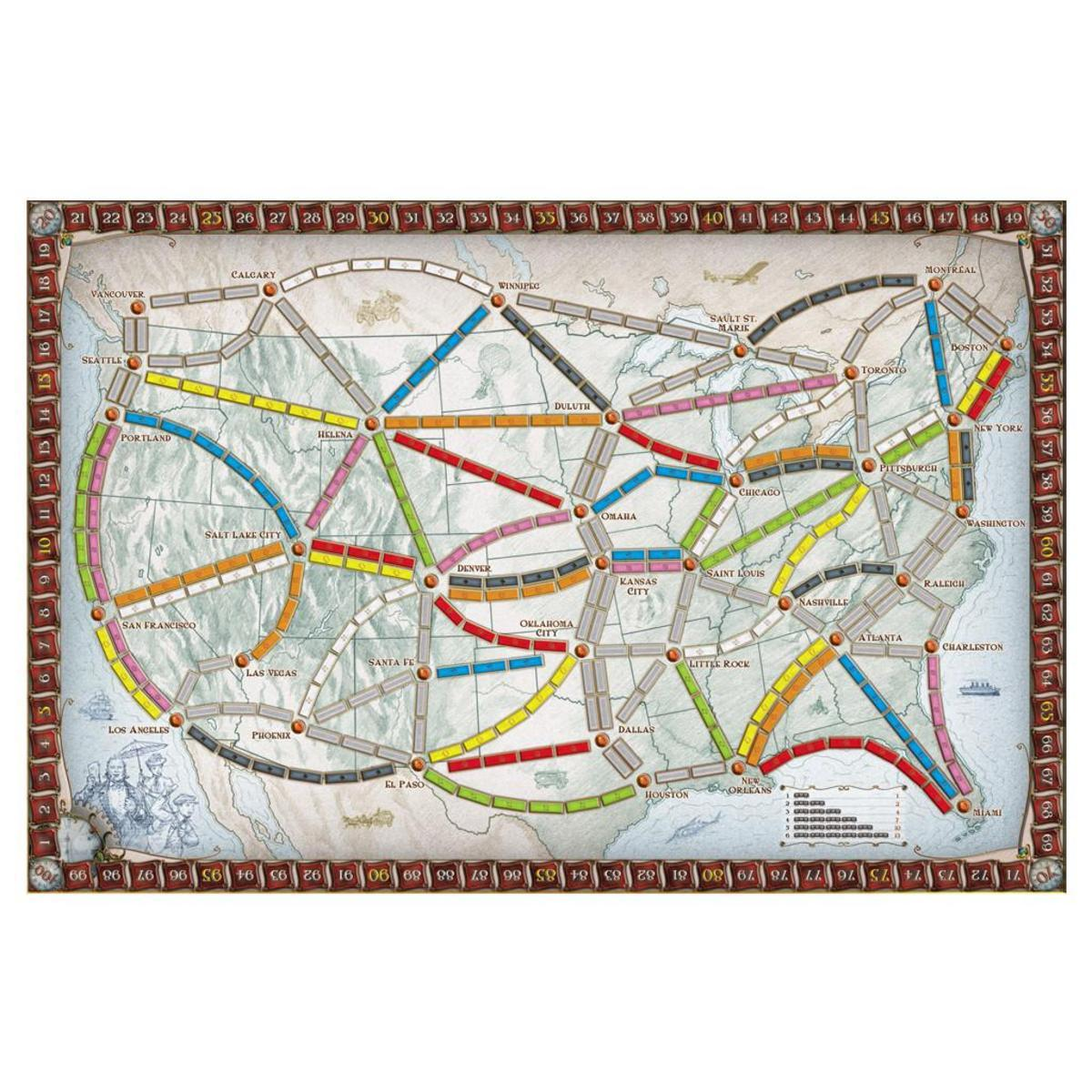 Juego de mesa Ticket to Ride. Muestra un mapa de EE. UU. con rutas de tren y ciudades de colores.