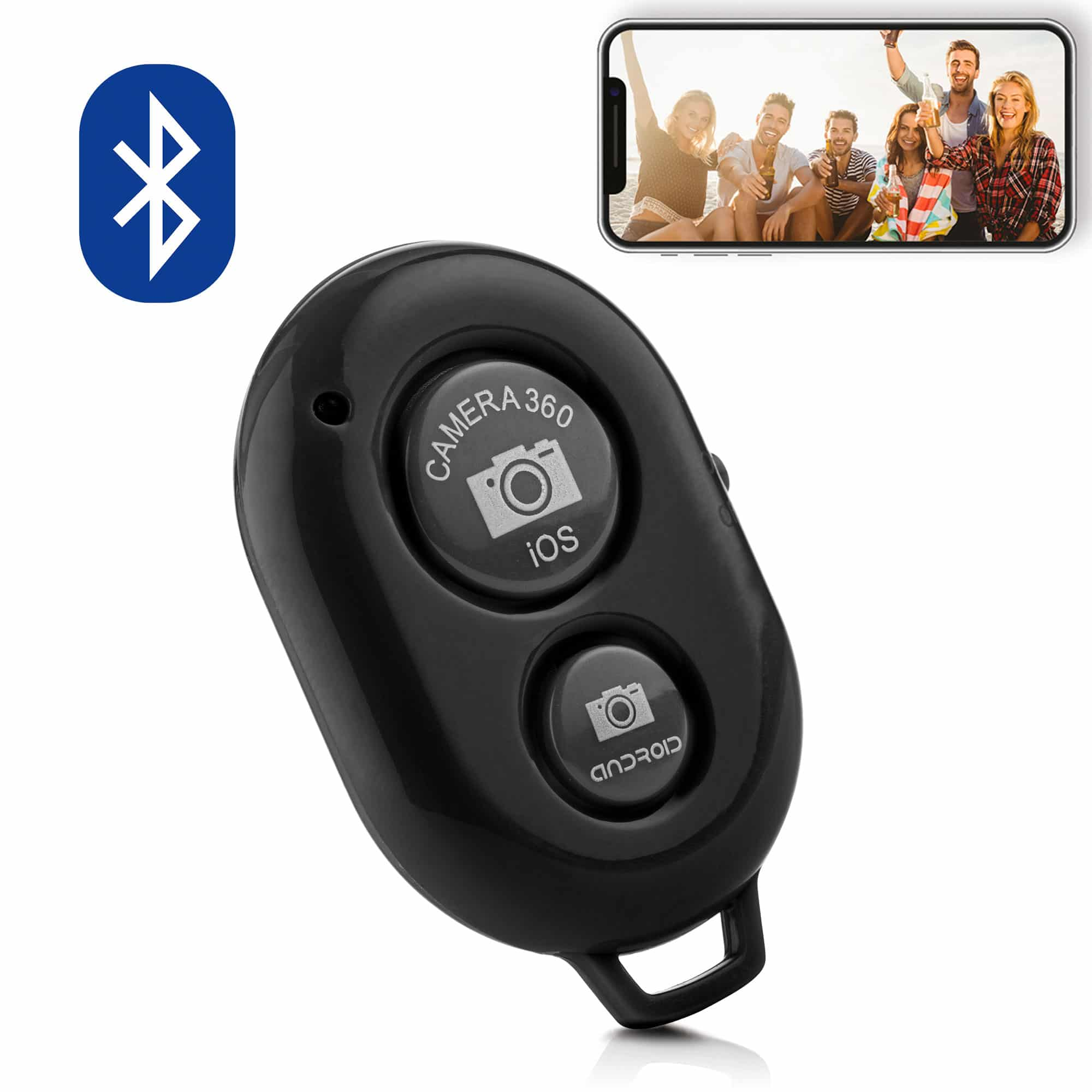 Black remote control with buttons. A Bluetooth logo is shown. A phone with people is shown.