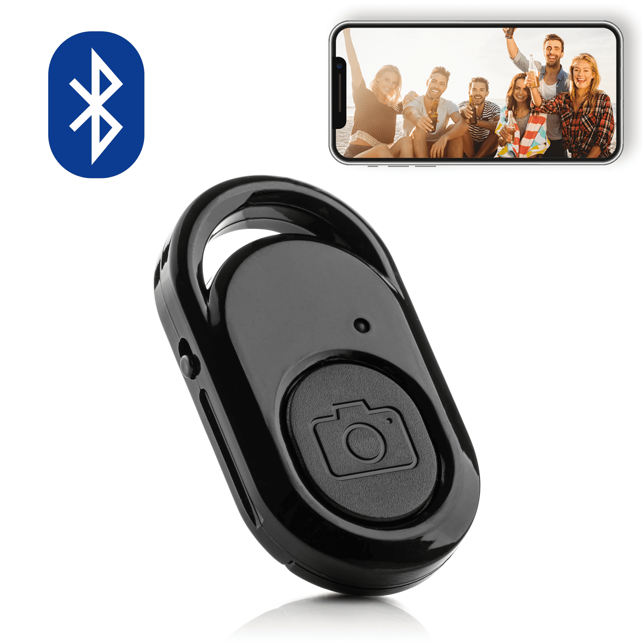 A black remote with a camera button, a bluetooth logo is on the left. A phone displays a group photo.