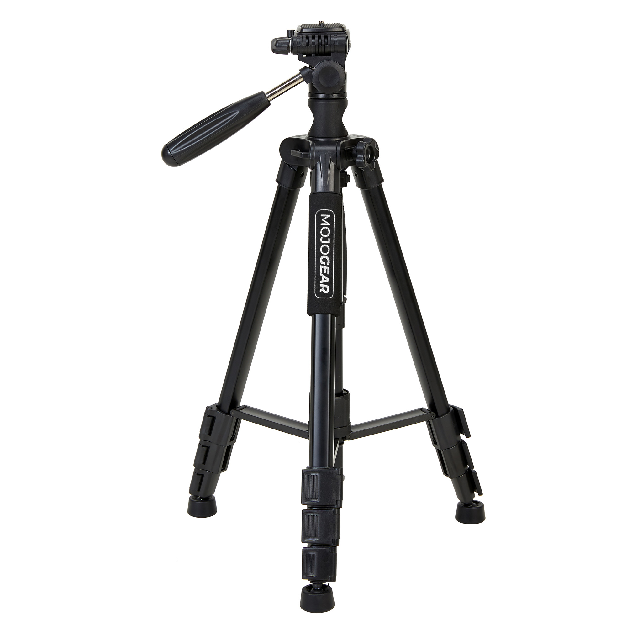 Black tripod with three legs and a head. It is on a white surface.