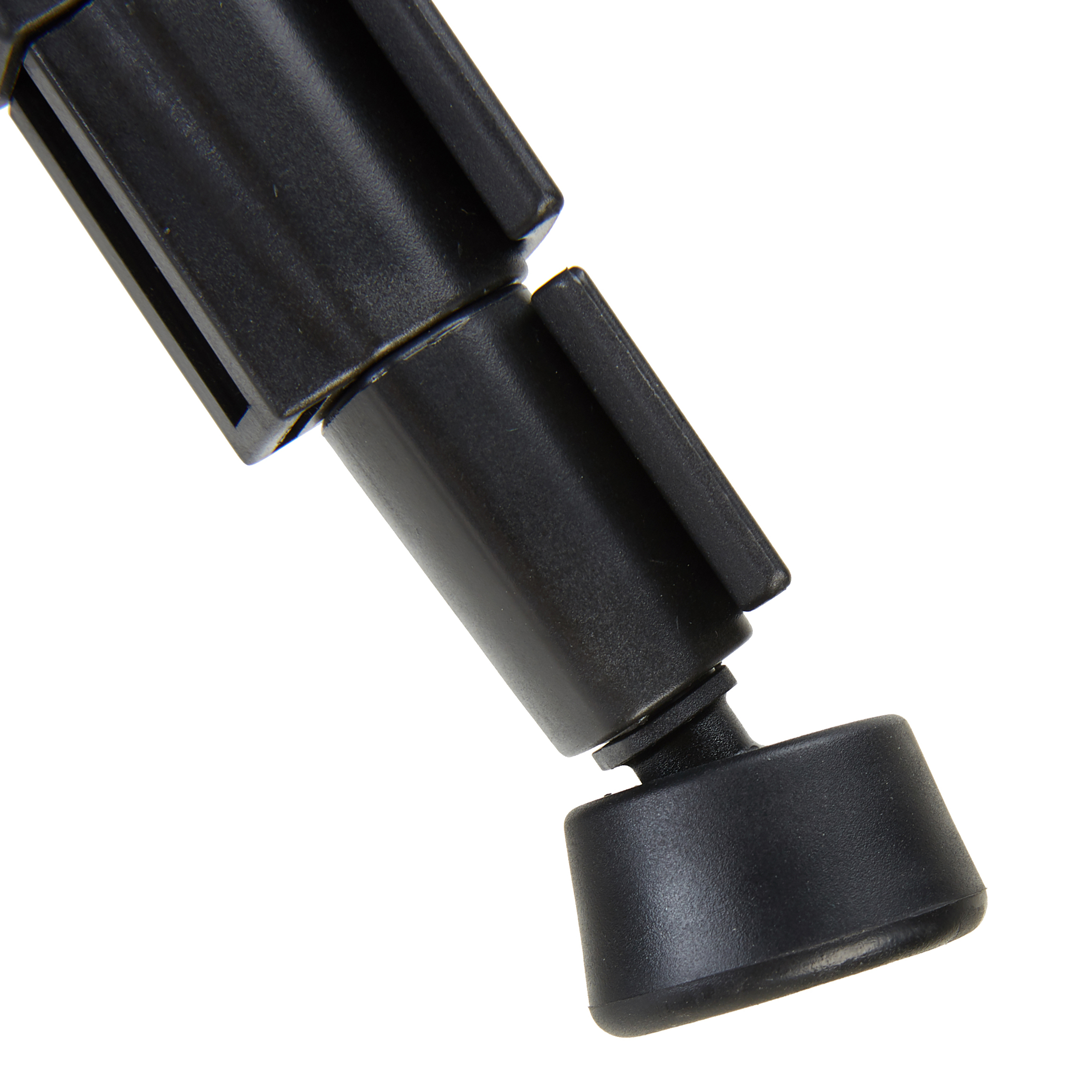 Close-up of a black tripod leg joint. It has a black foot.