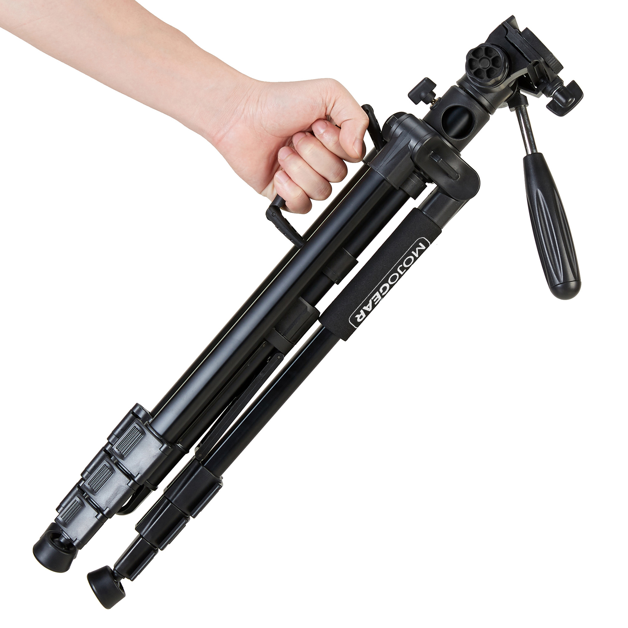 Hand holding a black tripod; MOJOGEAR is written on the tripod.