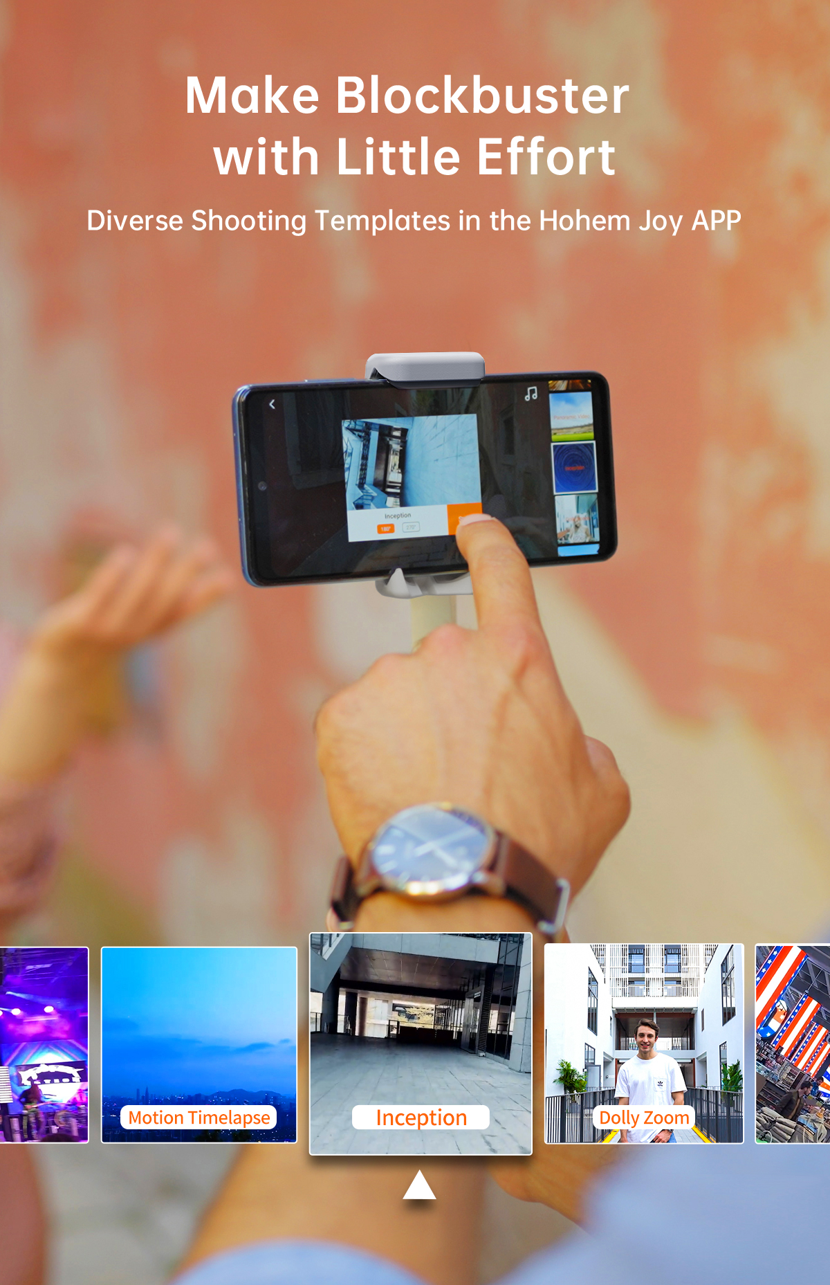 Un smartphone est monté sur un gimbal, avec des captures d'écran de l'application et du texte sur les modèles vidéo.