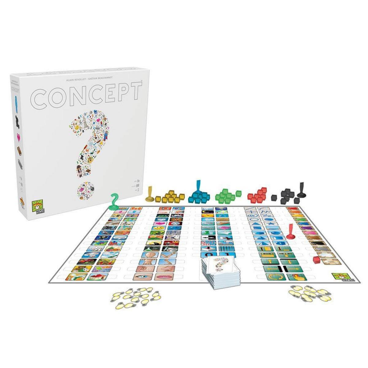 Gra planszowa Concept z elementami. Białe tło.