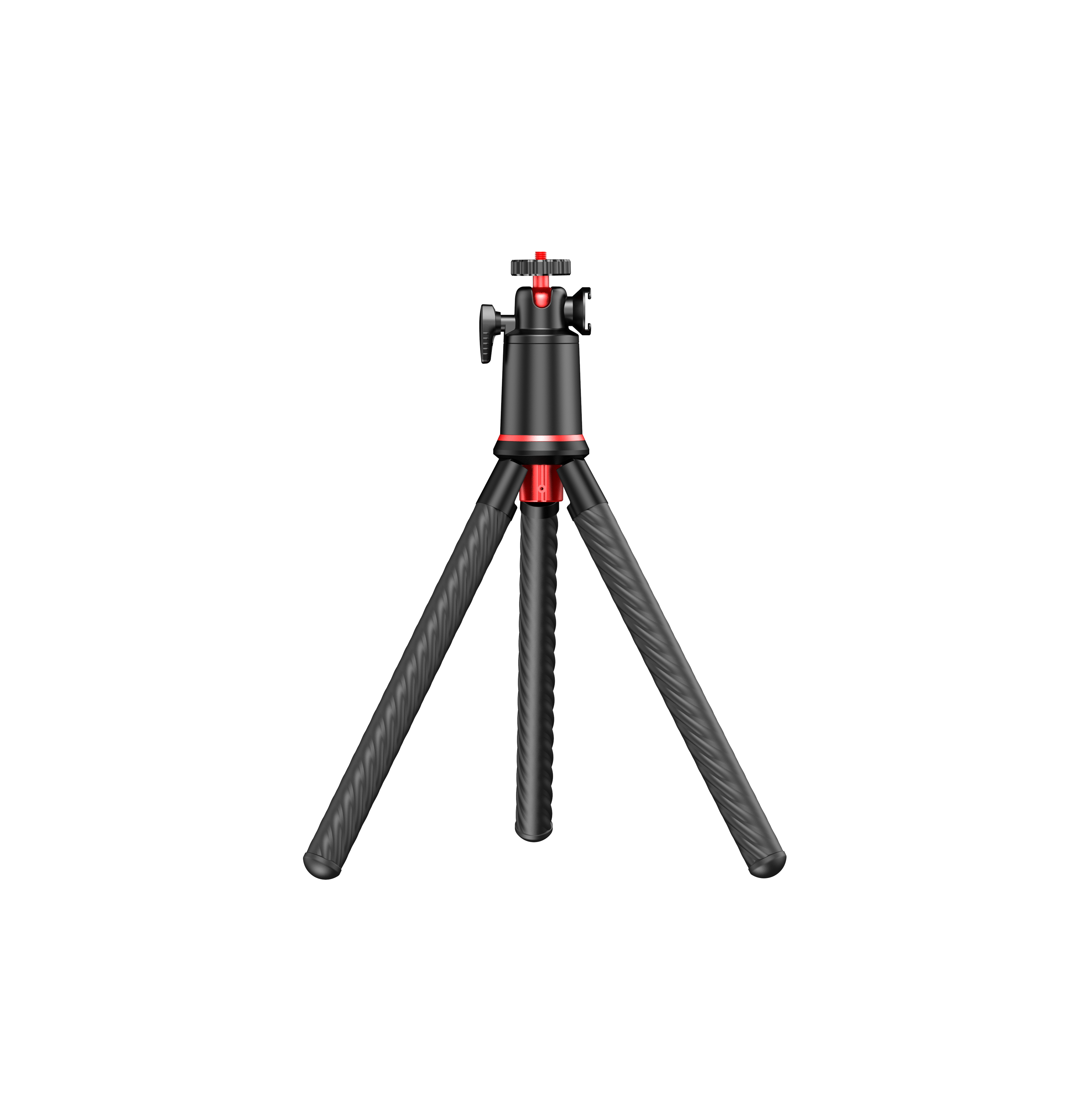 Black and red mini tripod on black background.