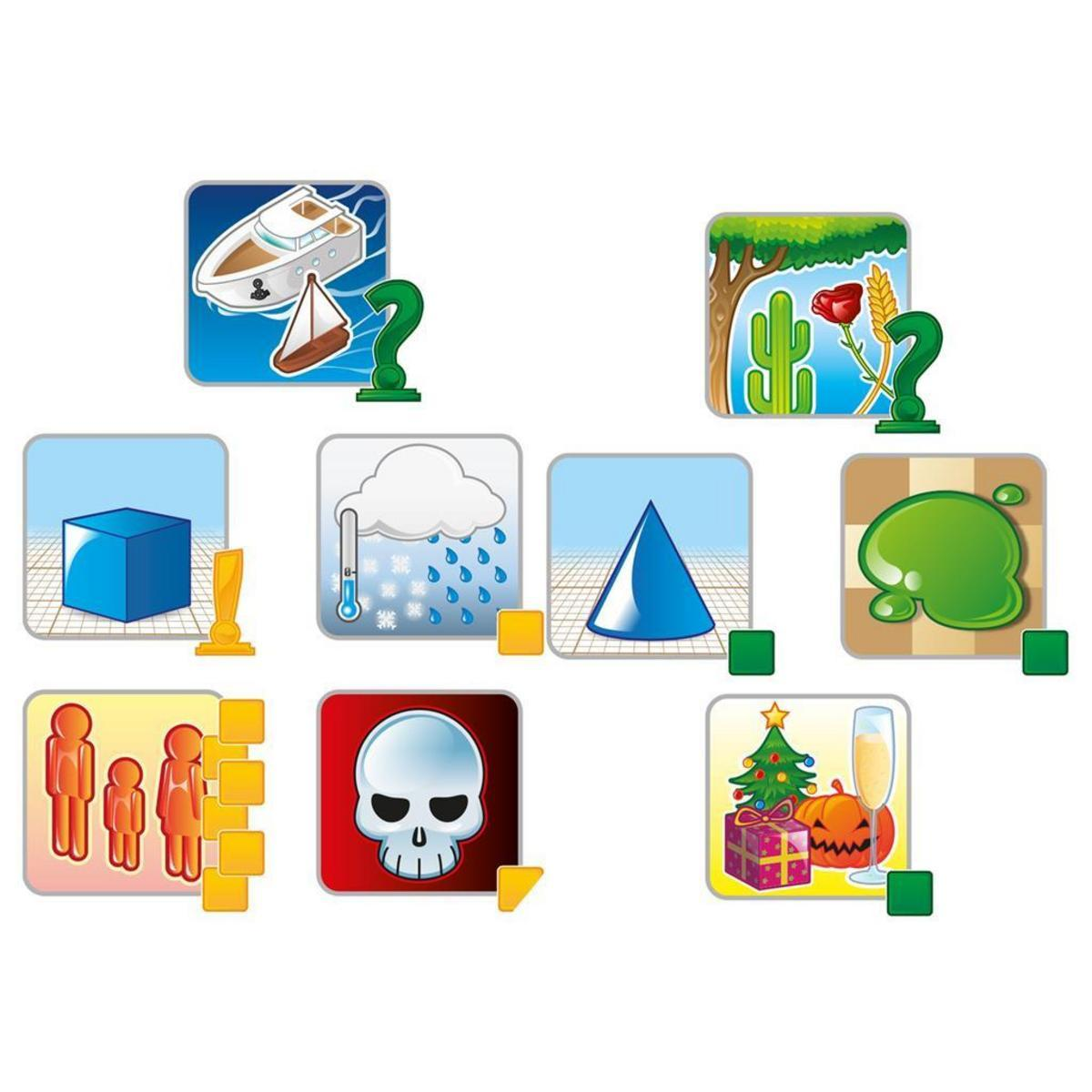 Ikony łodzi, drzewa, kostki, chmury, stożka, plamy, ludzików, czaszki, prezentów i dyni.