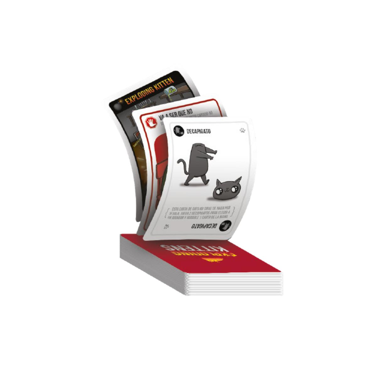 Juego de cartas Exploding Kittens, mostrando cartas y una pila.