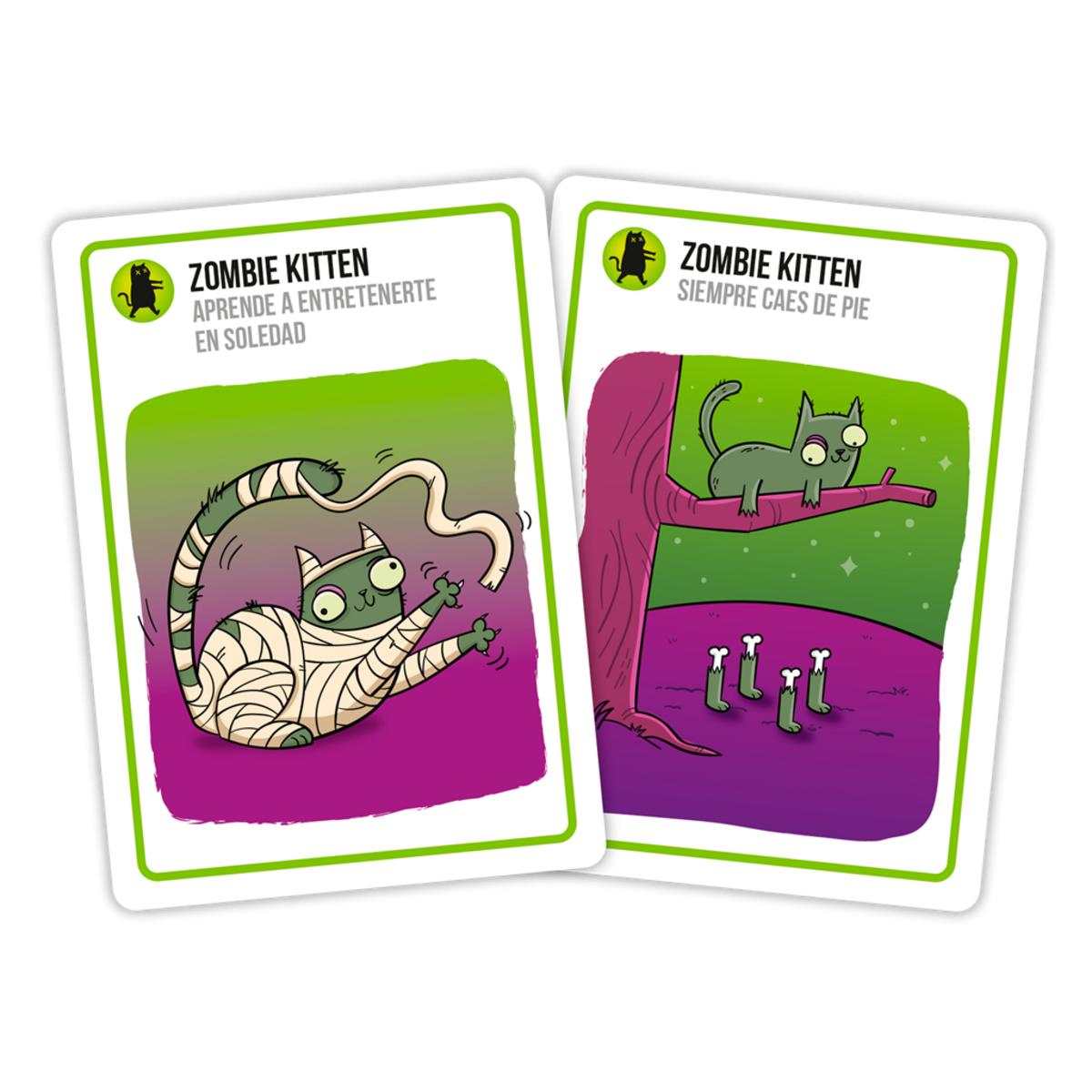 Dos cartas con gatitos zombis de dibujos animados. Uno está envuelto, otro en una rama.