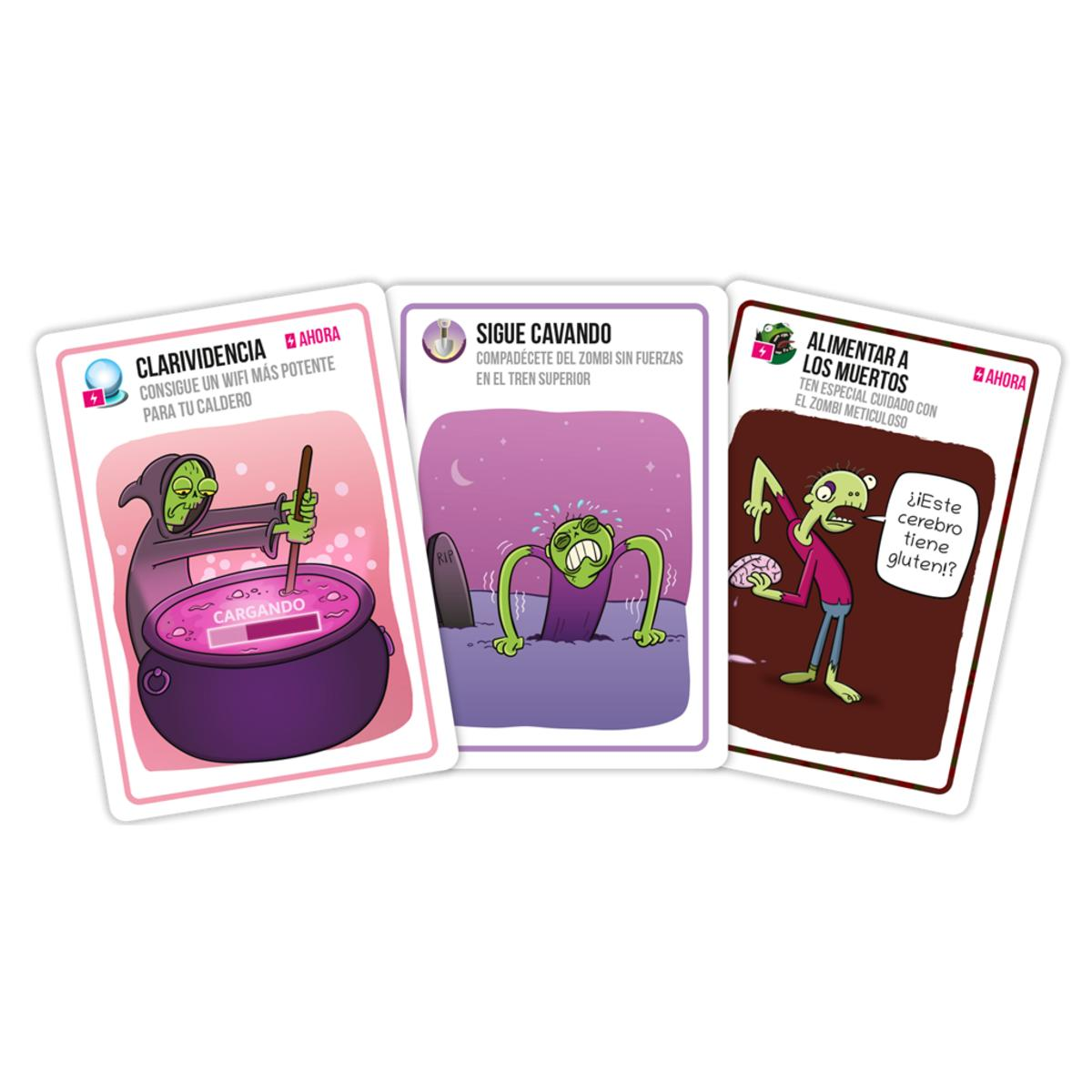 Tres cartas de juego con temática zombi con texto e imágenes, sobre fondo blanco.