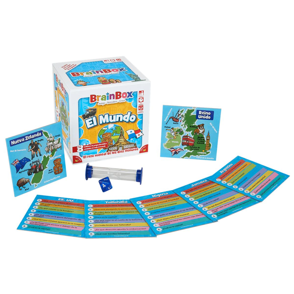 Una caja de juego BrainBox con cartas y un temporizador. Las cartas muestran monumentos y banderas del mundo.