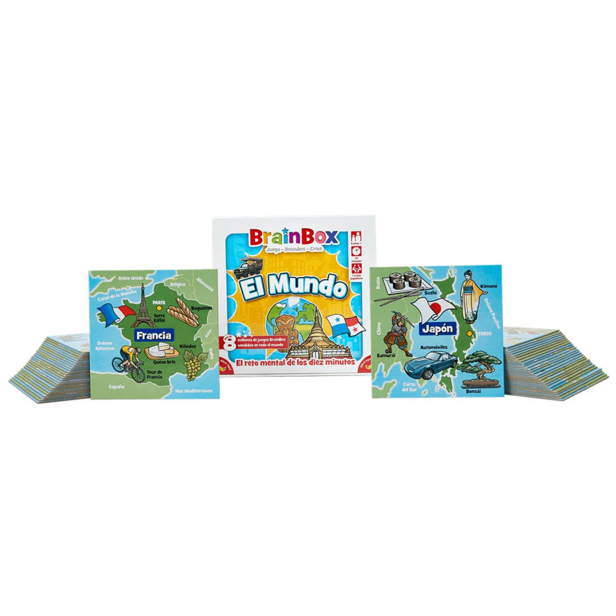 Caja del juego BrainBox 'El Mundo' con tarjetas que representan mapas y banderas del mundo.