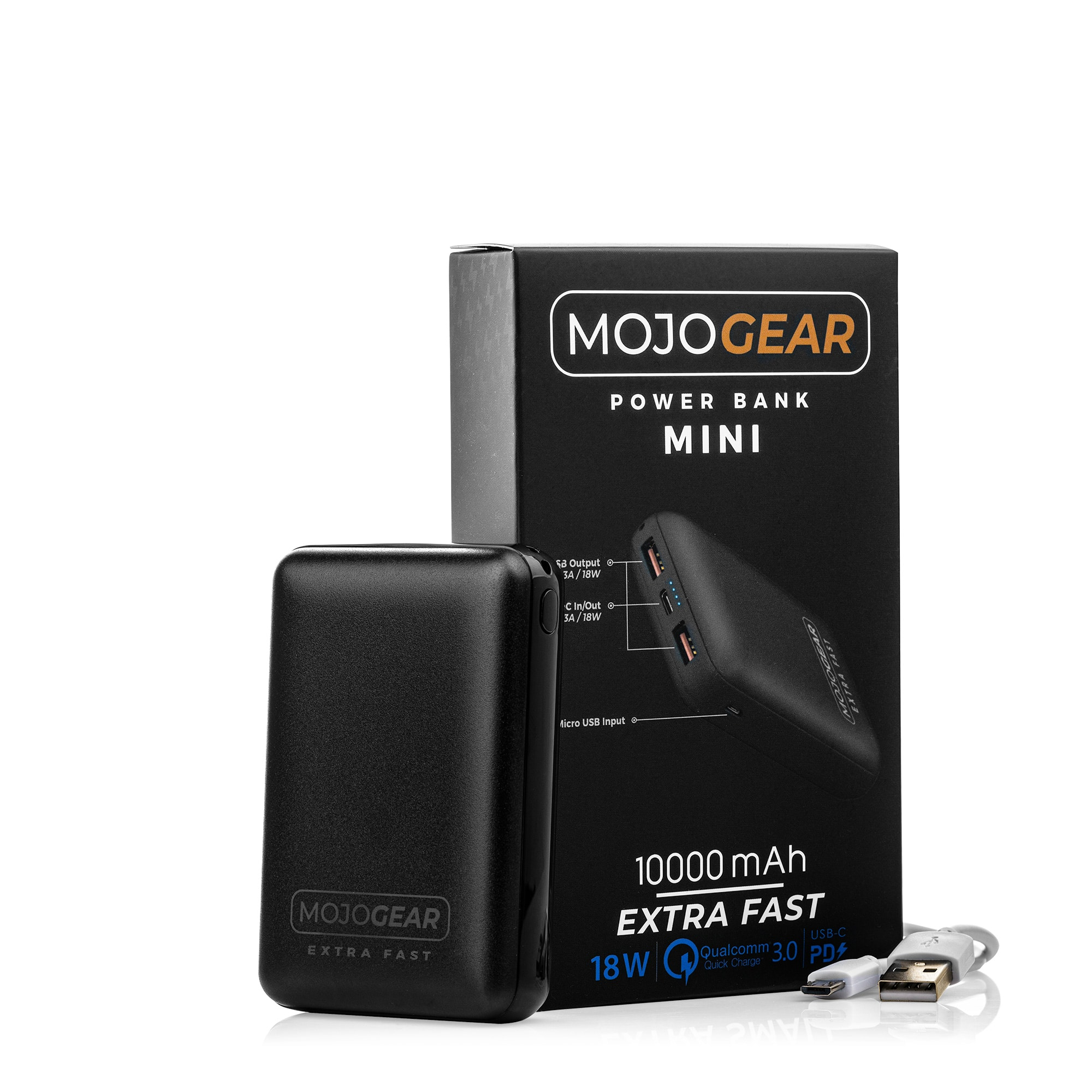 Zwarte powerbank met een doos. Kenmerken en specificaties staan op de doos.