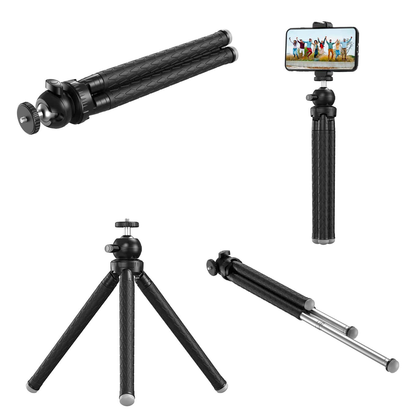Four black tripods are presented. One holds a phone displaying a photo; others are folded or fully extended.