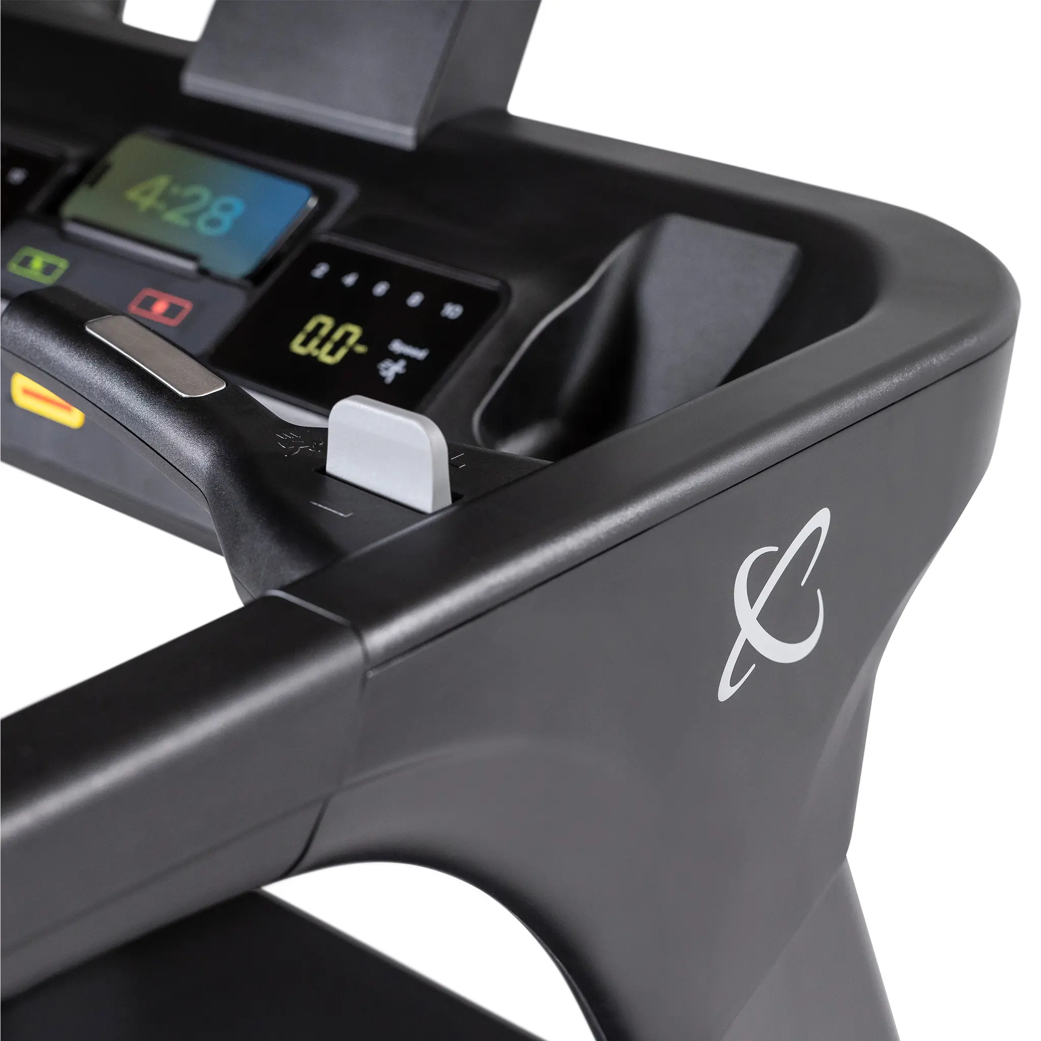 A treadmill console displaying time and speed details, with a logo on the side.