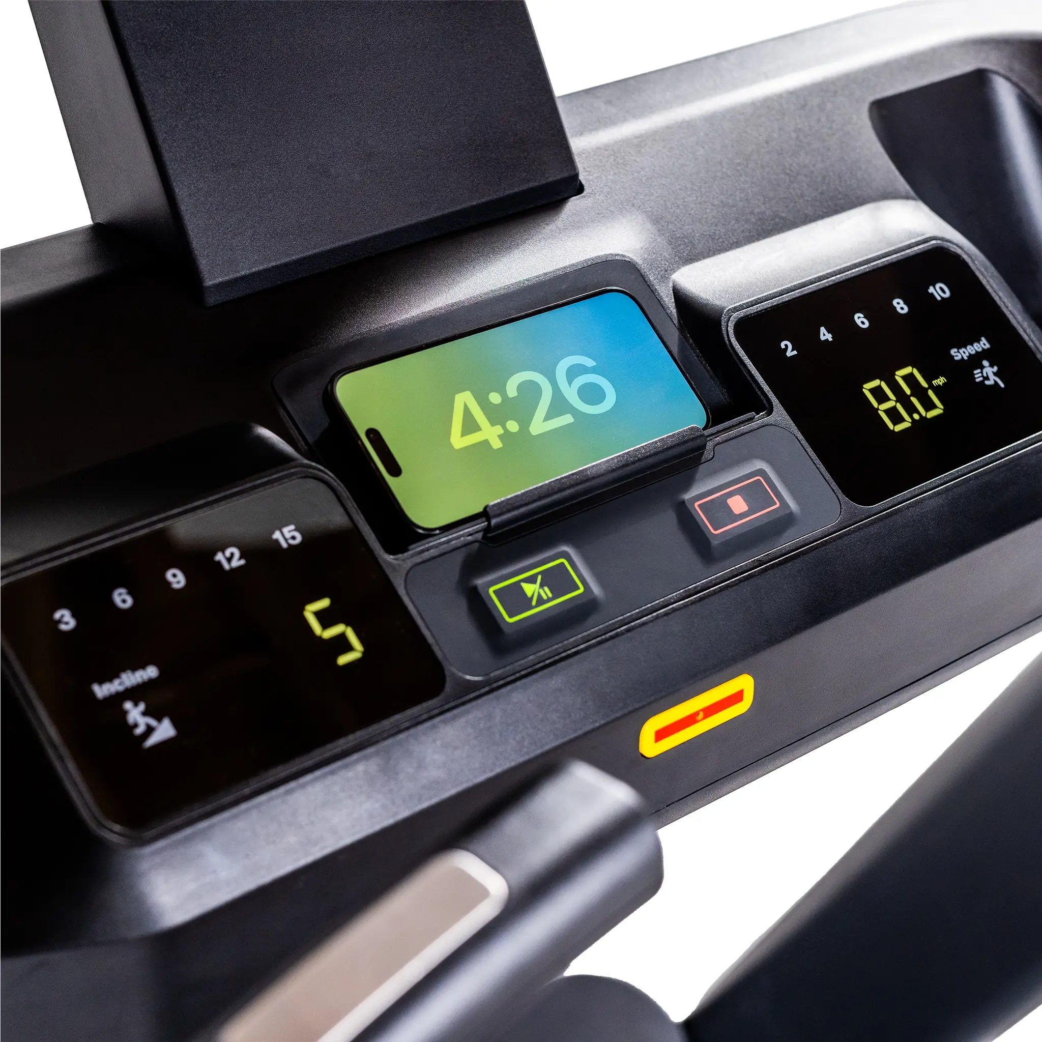 Treadmill console displaying time 4:26, speed 8.0 mph, and incline 5. Digital interface.