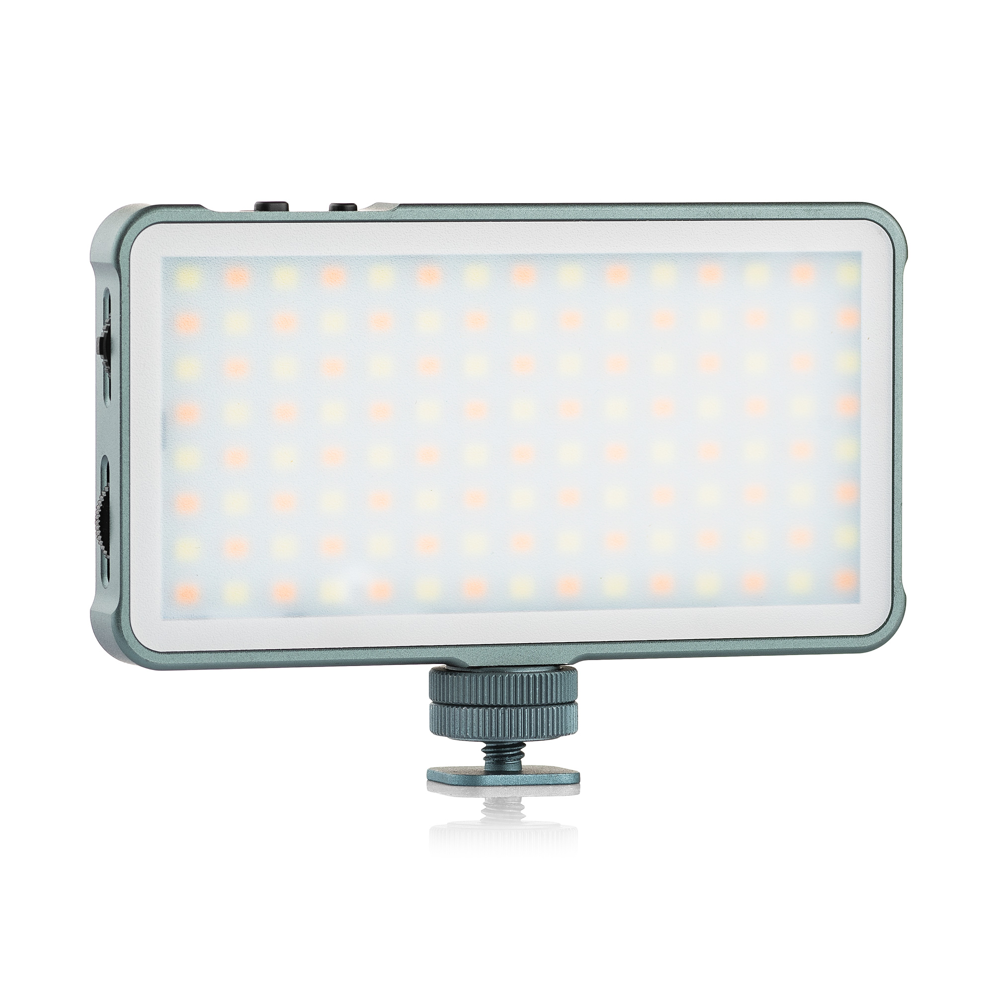 Rectangular LED light panel. Silver frame with many small lights. Adjustable screw at bottom.