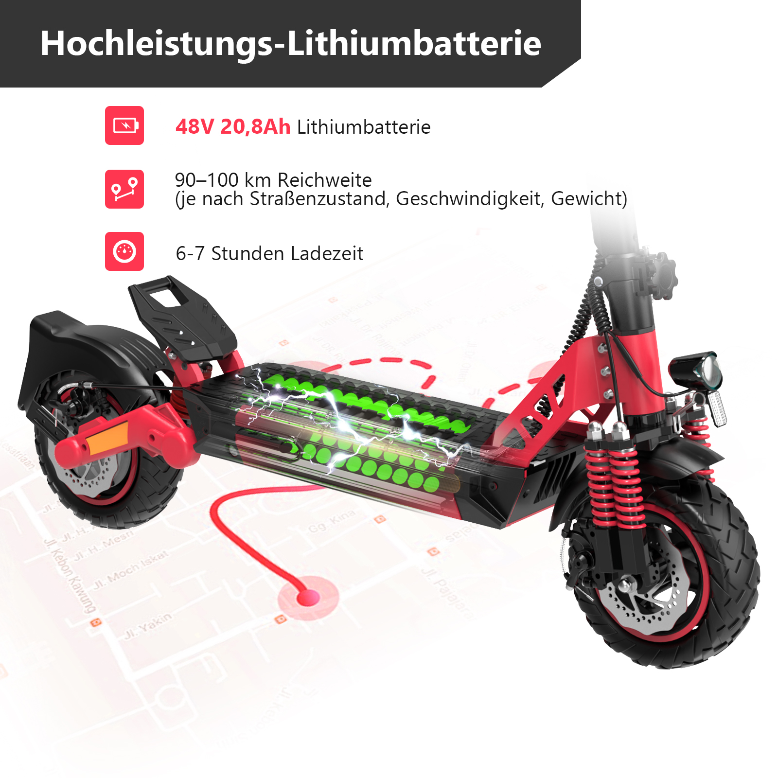 Skuter elektryczny. Ma czerwoną ramę, czarne koła i wyświetlacz baterii. W tle mapa.